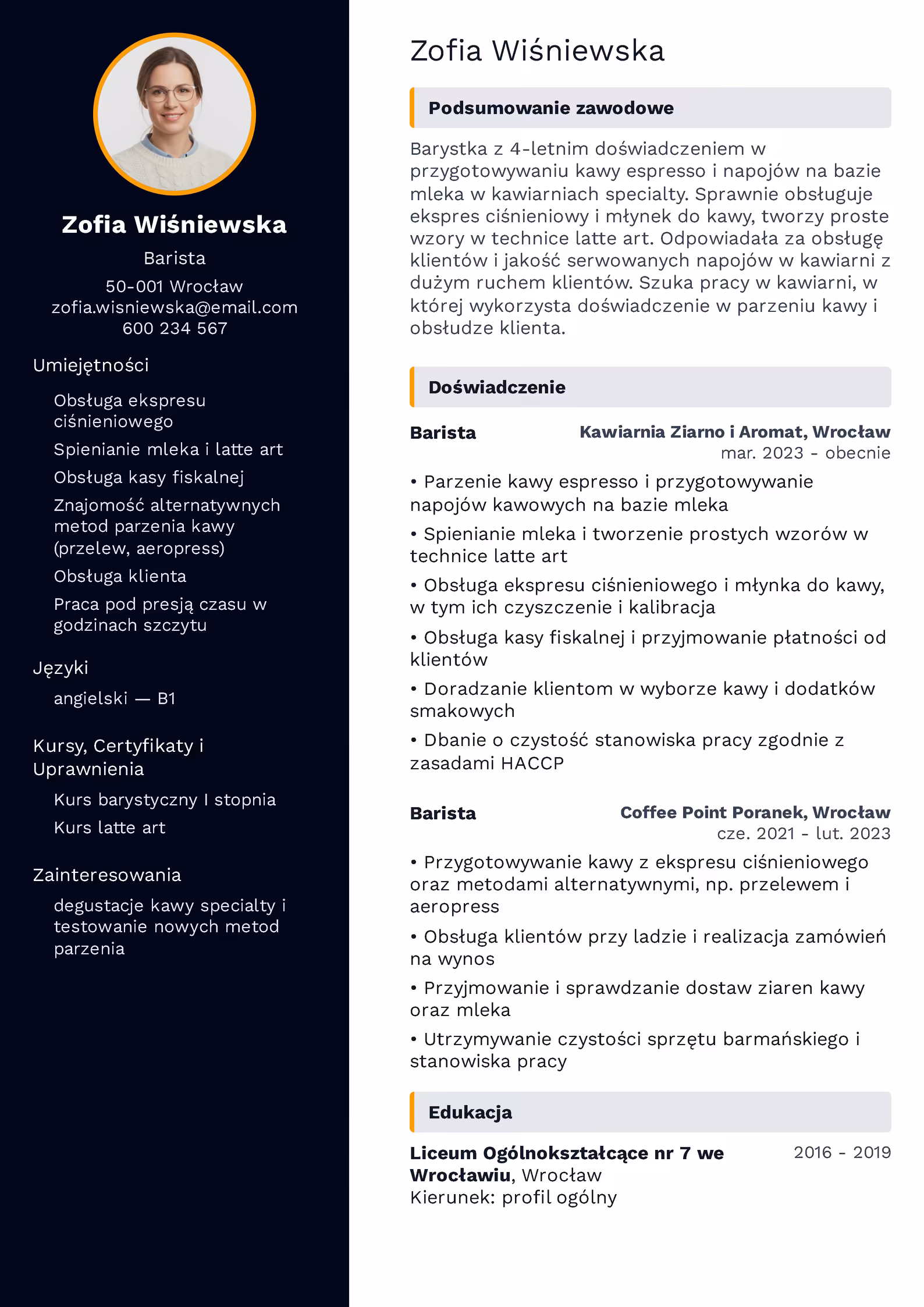 Wzór CV barista – przykładowy szablon do pobrania