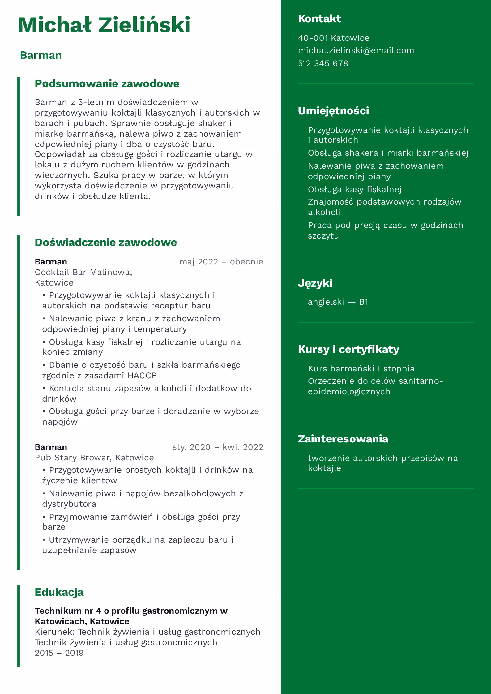 Wzór CV barman – przykładowy szablon do pobrania
