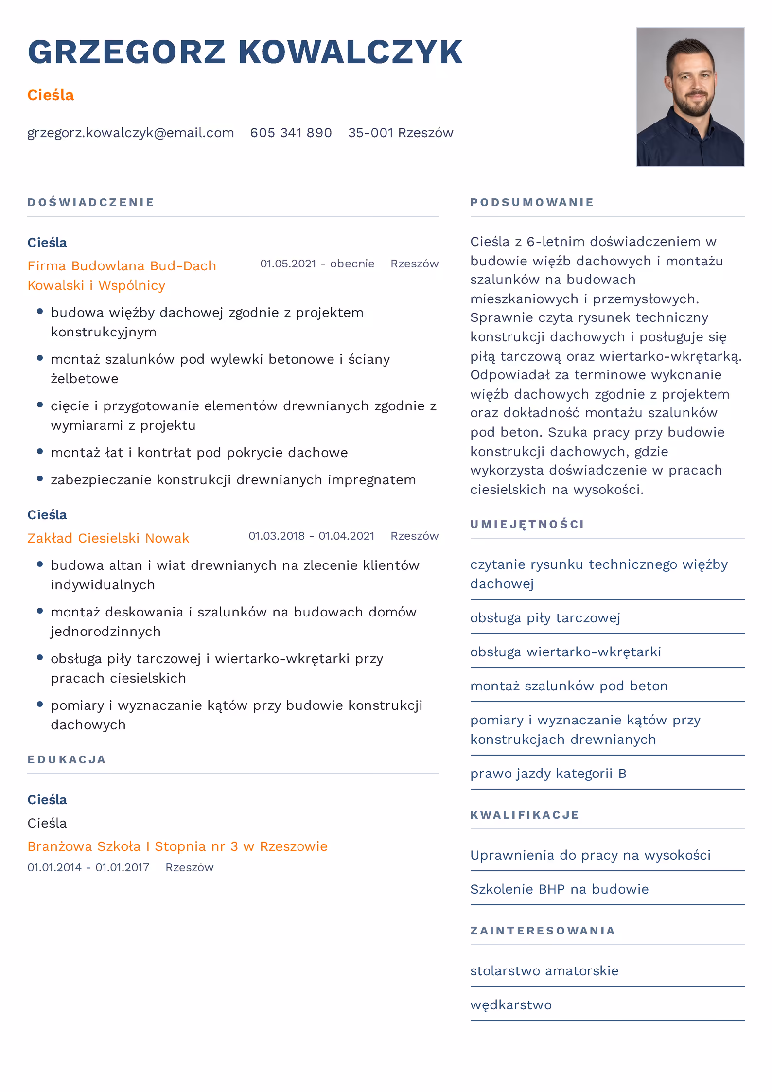 Wzór CV cieśla – przykładowy szablon do pobrania