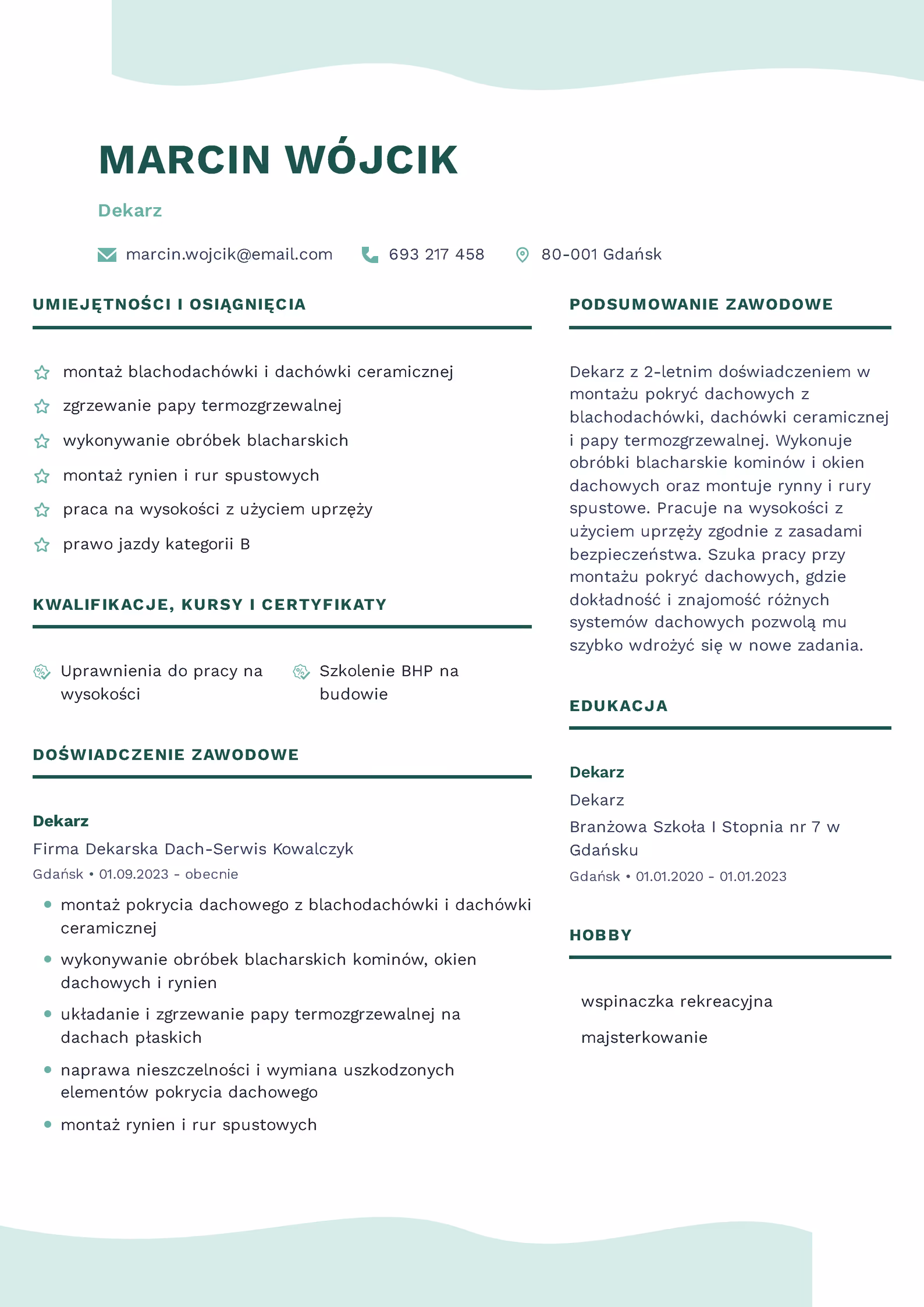 Wzór CV dekarz – przykładowy szablon do pobrania