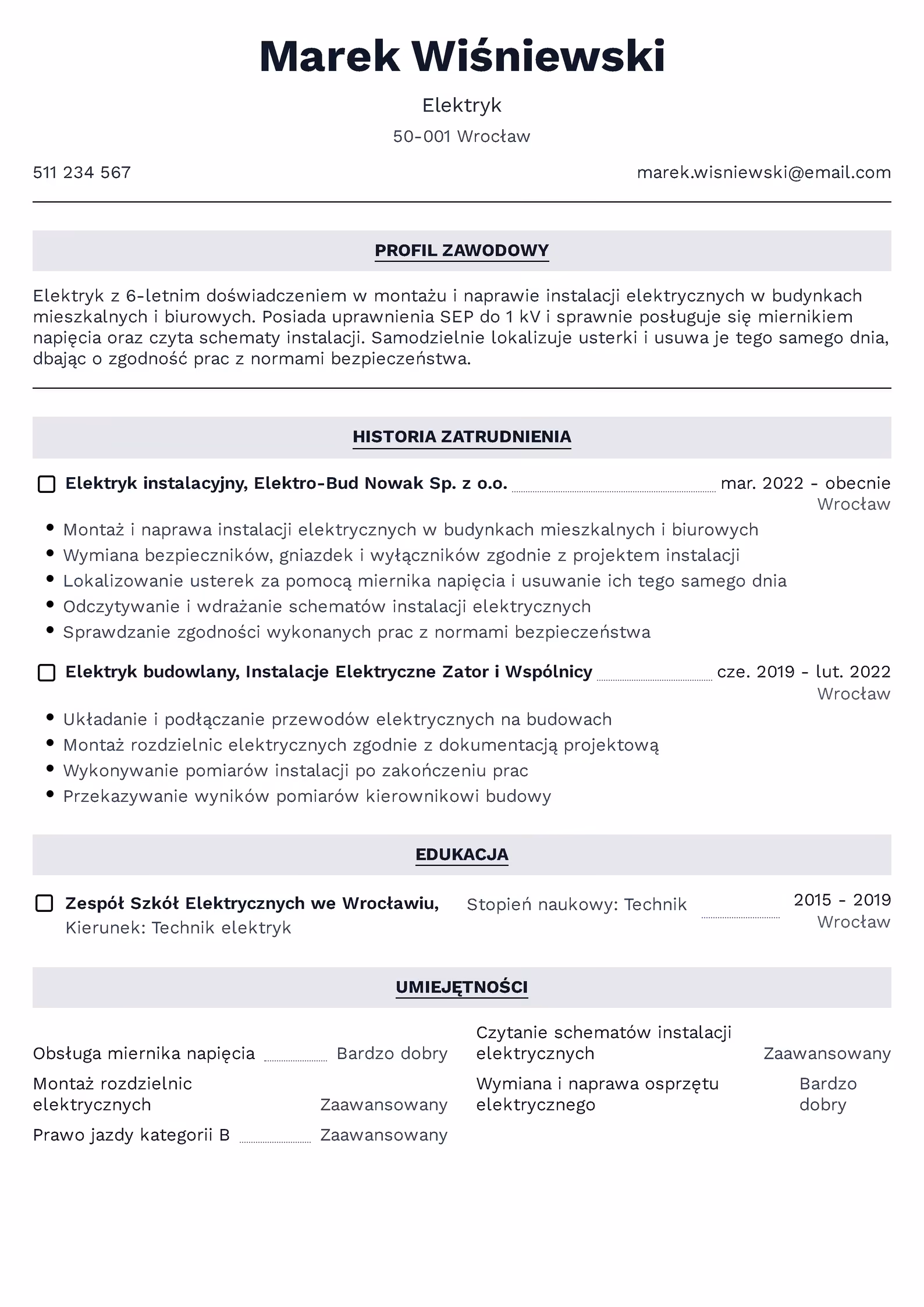 Wzór CV elektryka – przykładowy szablon do pobrania