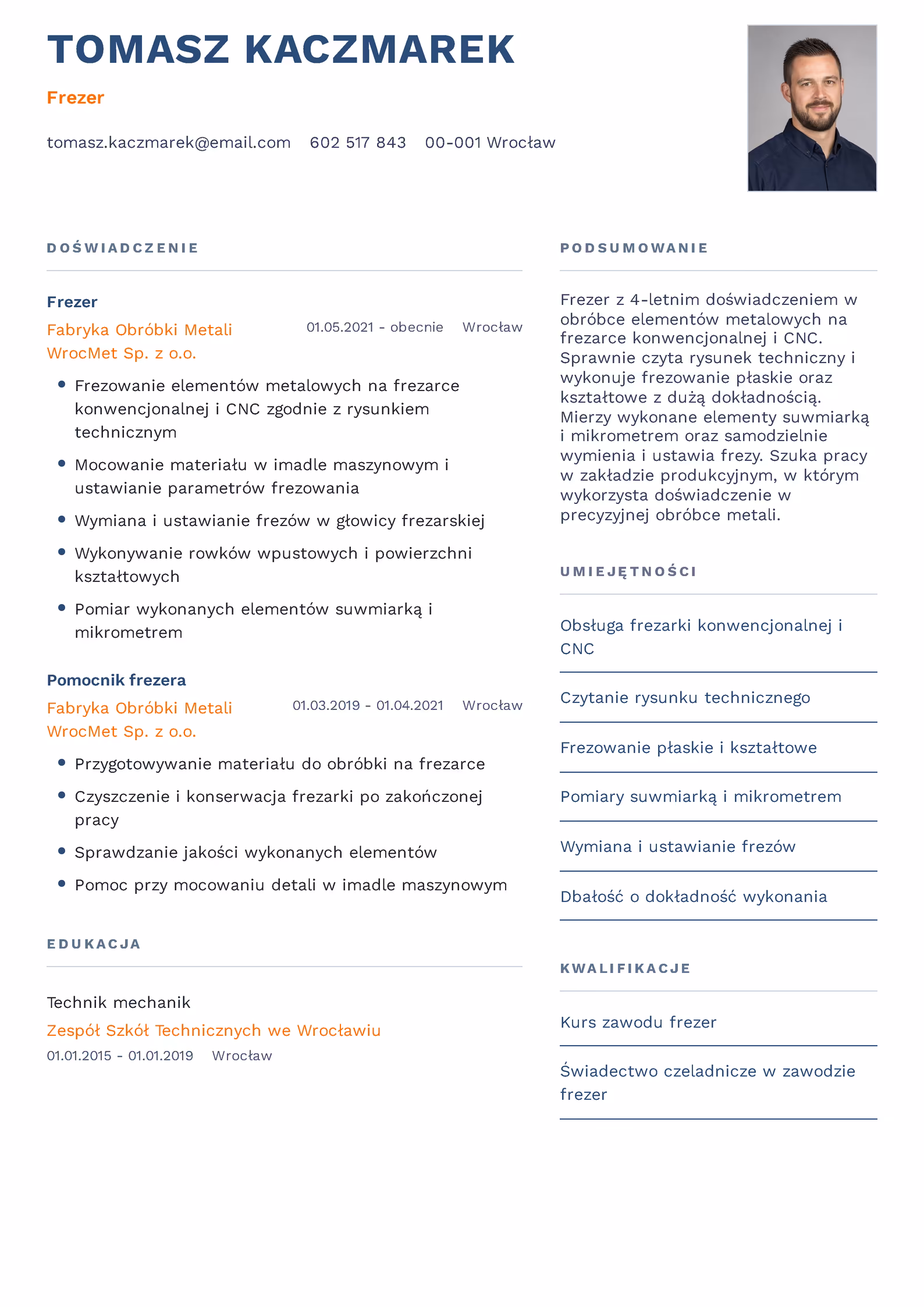 Wzór CV frezer – przykładowy szablon do pobrania