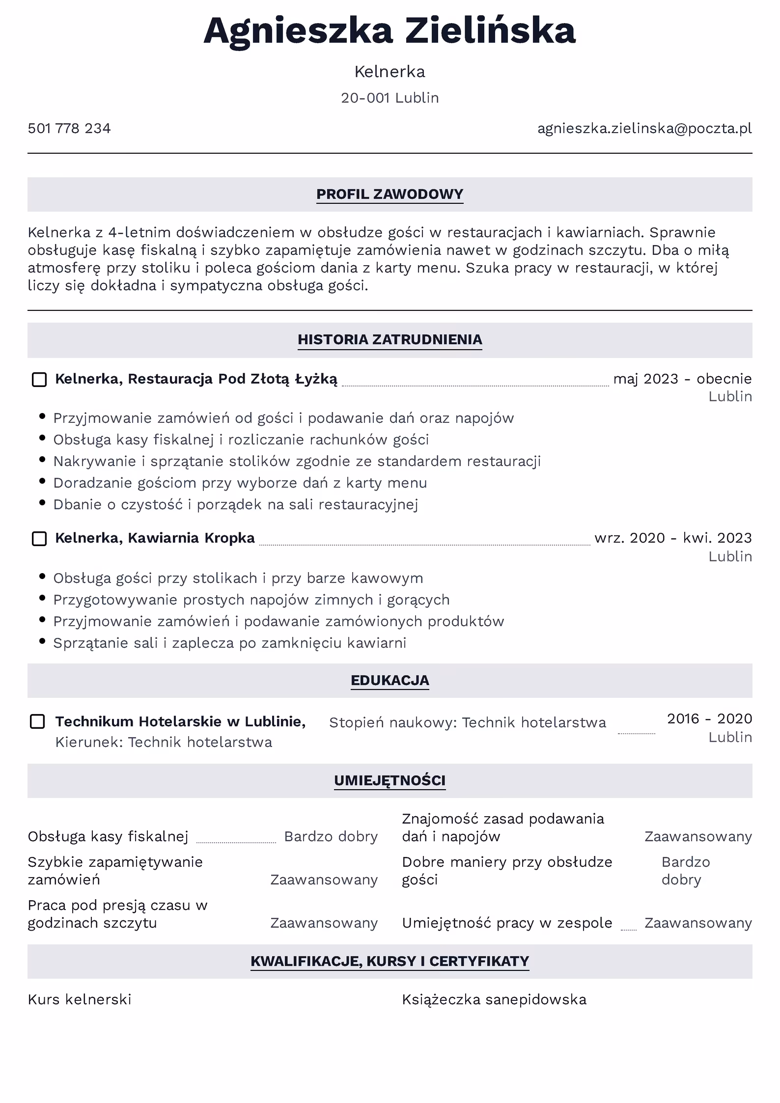 Wzór CV kelner — przykładowy szablon do pobrania