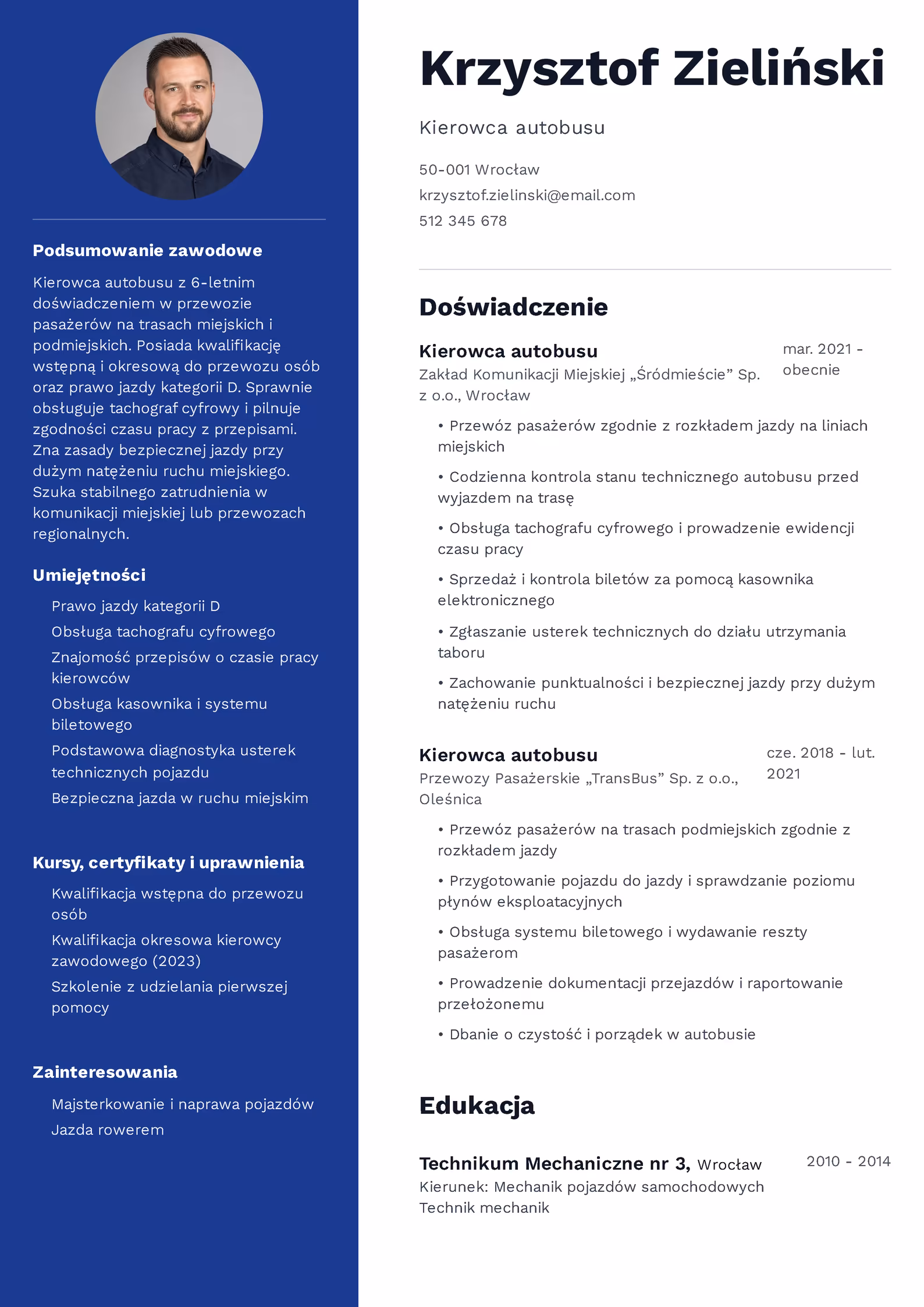 Wzór CV kierowcy autobusu – przykładowy szablon do pobrania