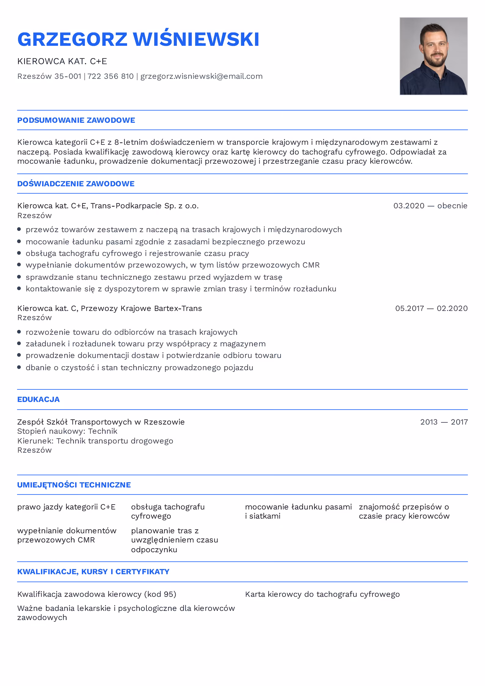 Wzór CV kierowca kat. C+E – przykładowy szablon do pobrania