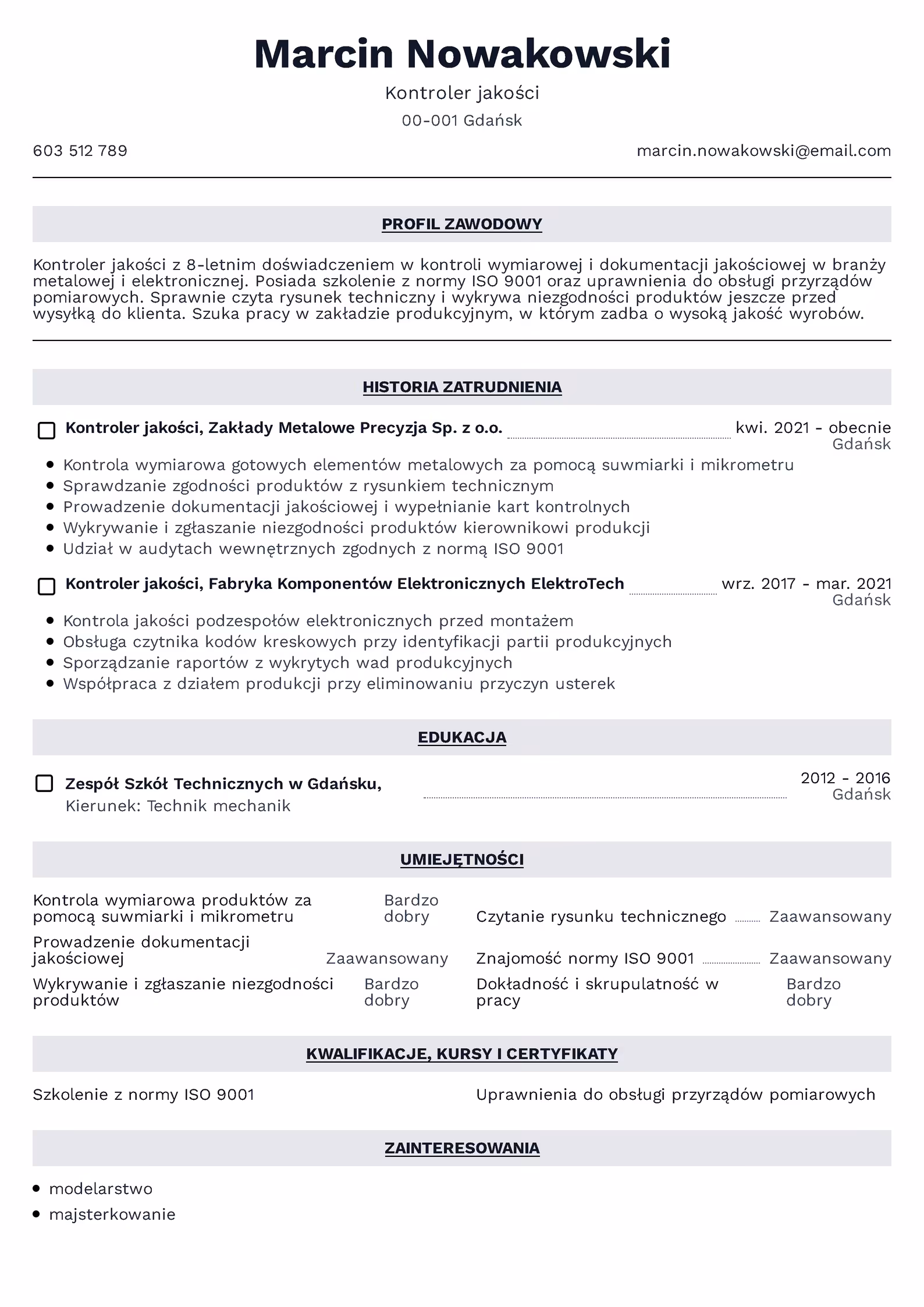 Wzór CV kontroler jakości – przykładowy szablon do pobrania