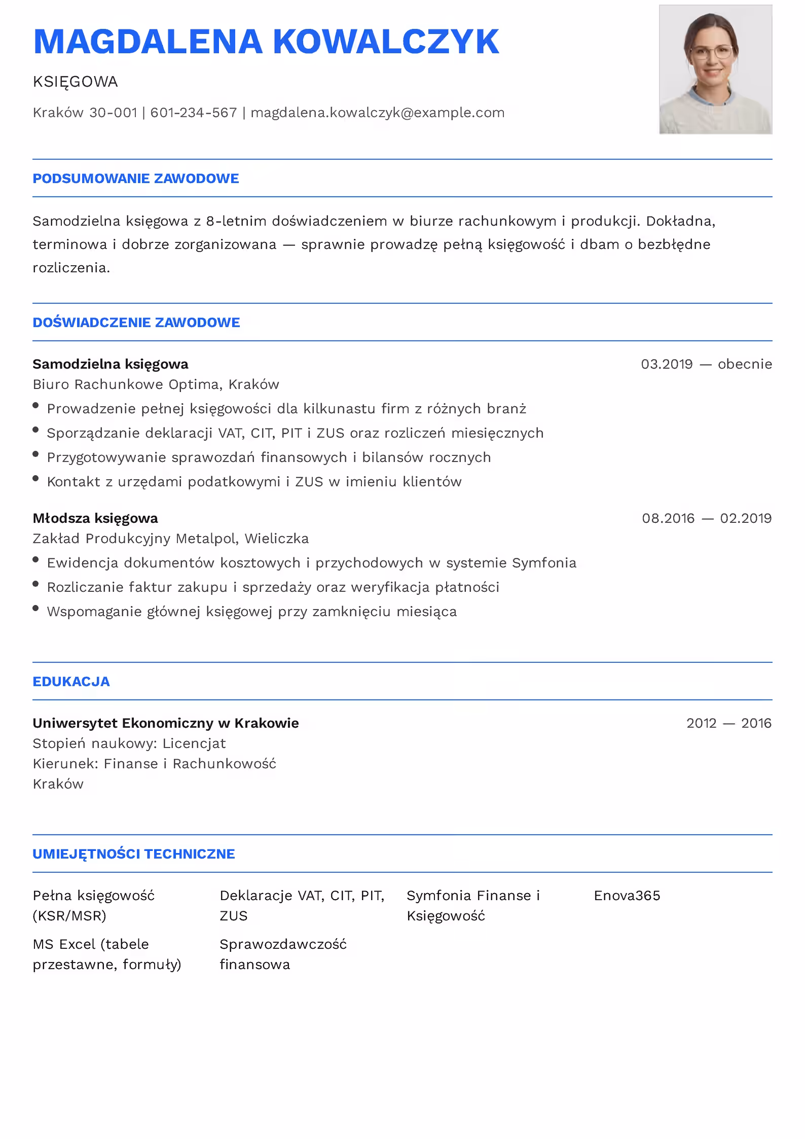 Księgowa - przykładowy wzór CV