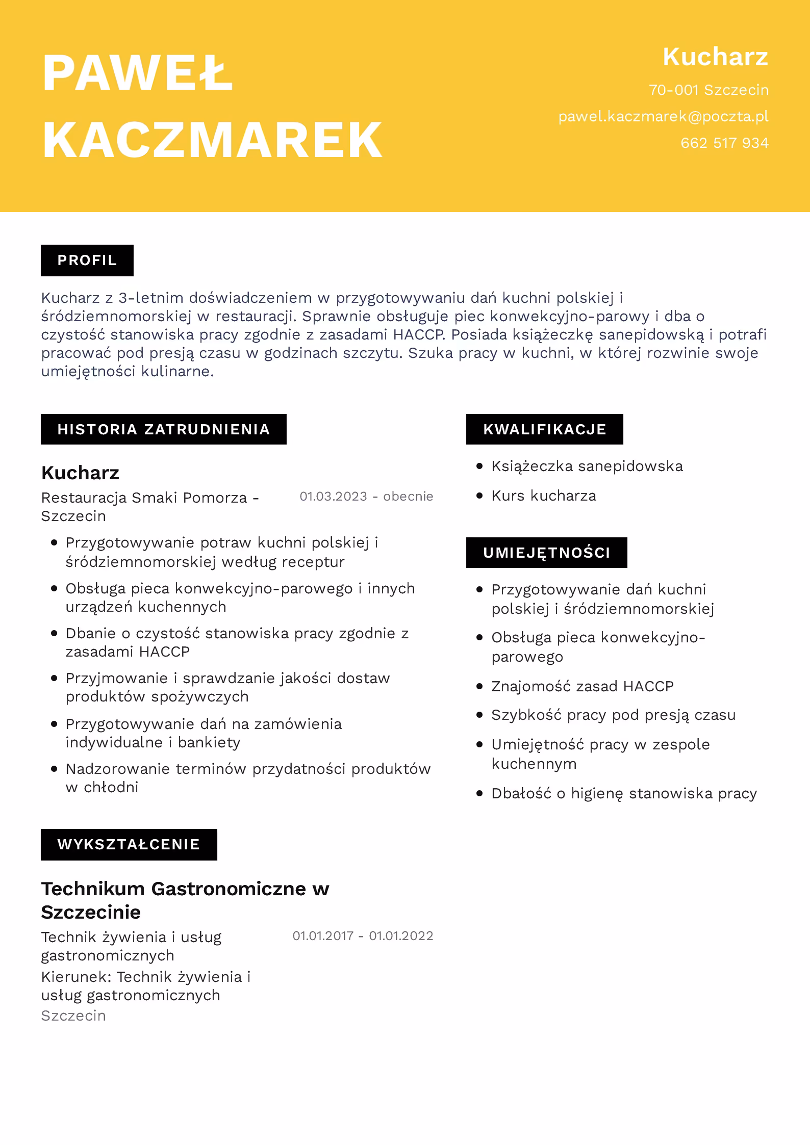 Wzór CV kucharz – przykładowy szablon do pobrania