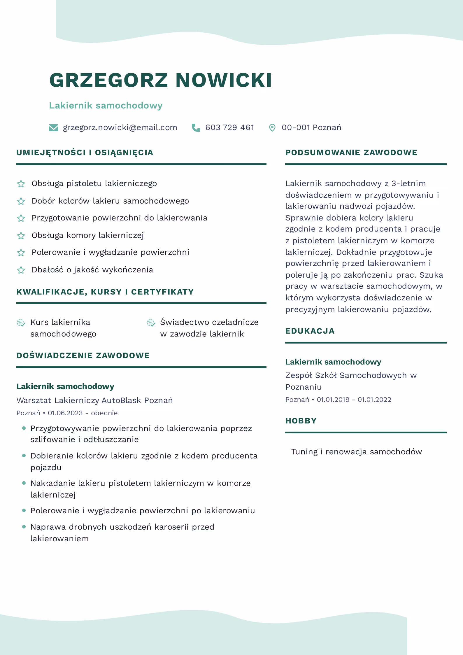 Wzór CV lakiernika samochodowego — przykładowy szablon dokumentu