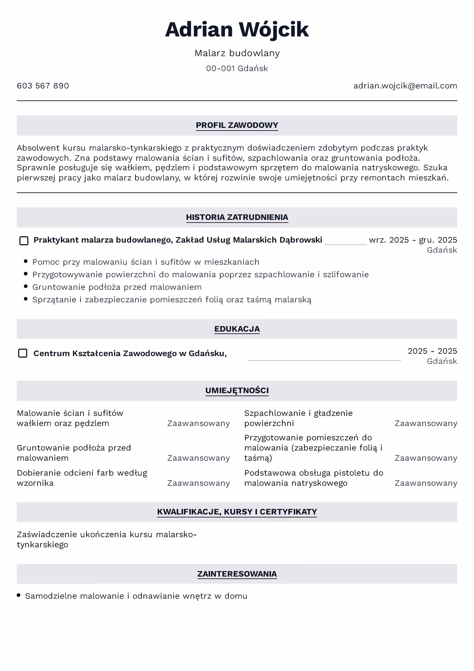 Wzór CV malarza budowlanego – przykładowy szablon do pobrania
