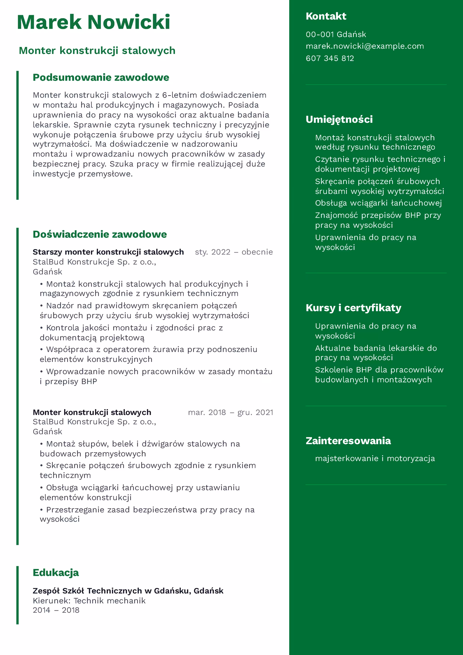 Wzór CV monter konstrukcji stalowych – przykładowy szablon do pobrania
