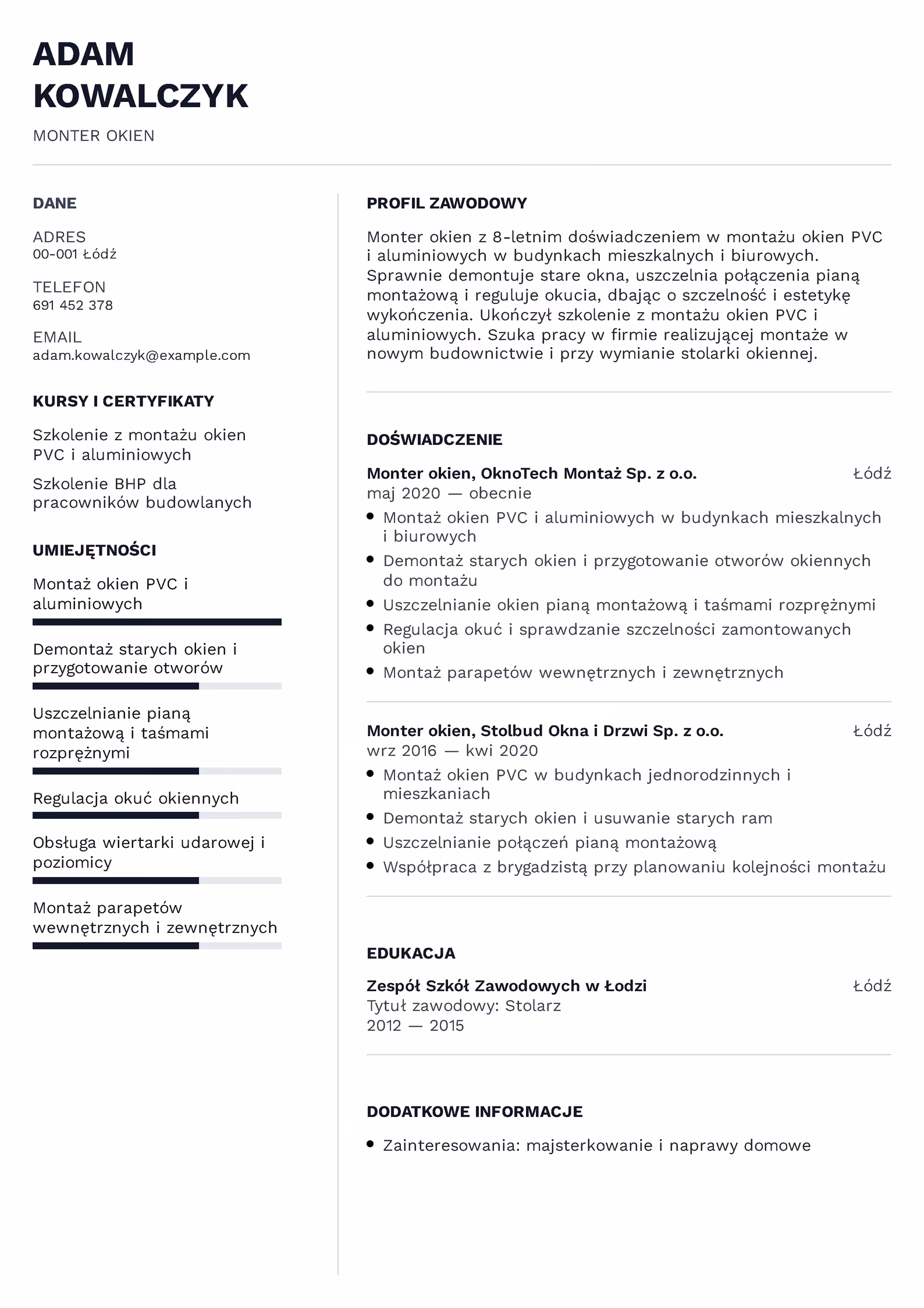 Wzór CV monter okien – przykładowy szablon do pobrania