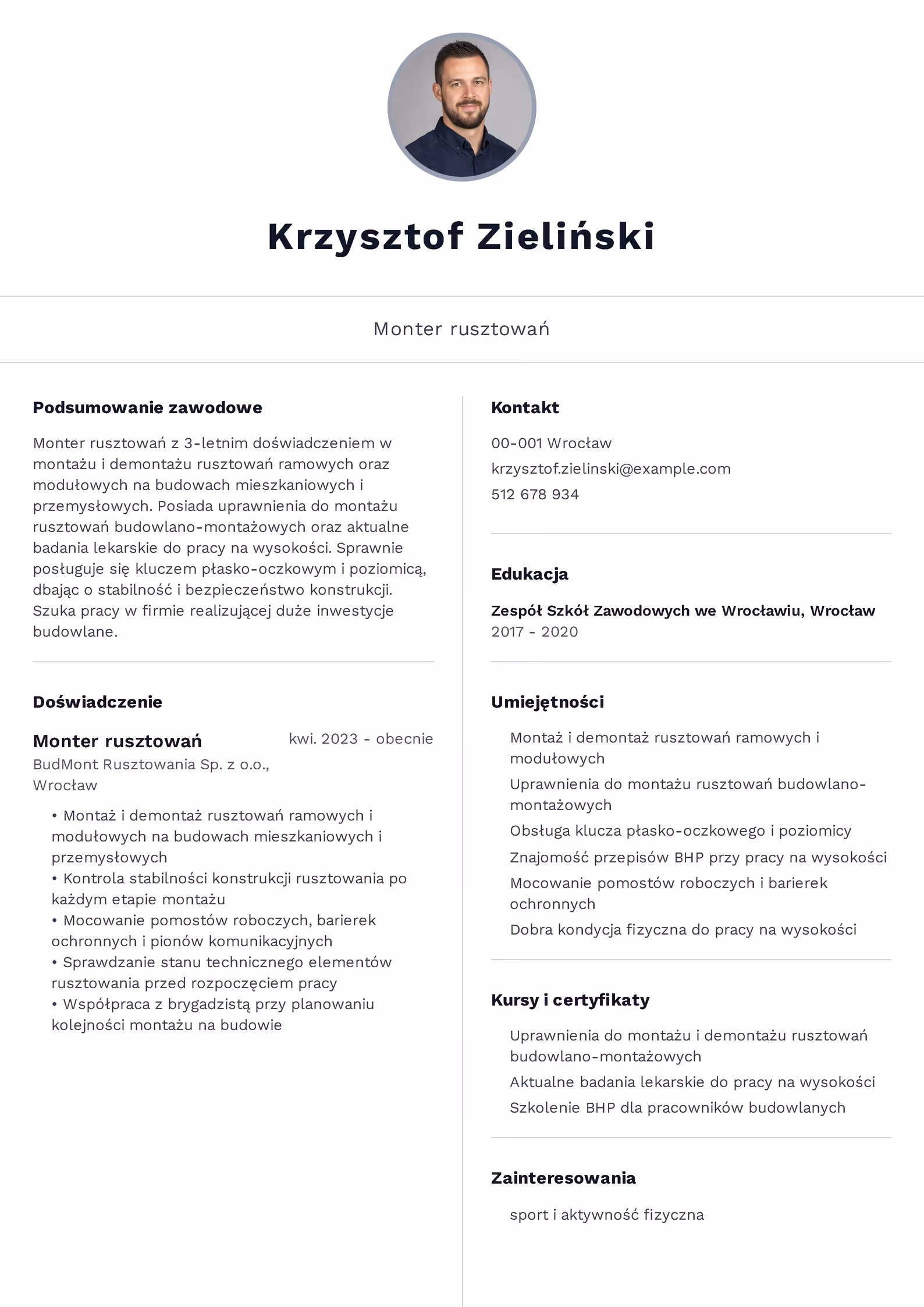 Wzór CV monter rusztowań – przykładowy szablon do pobrania