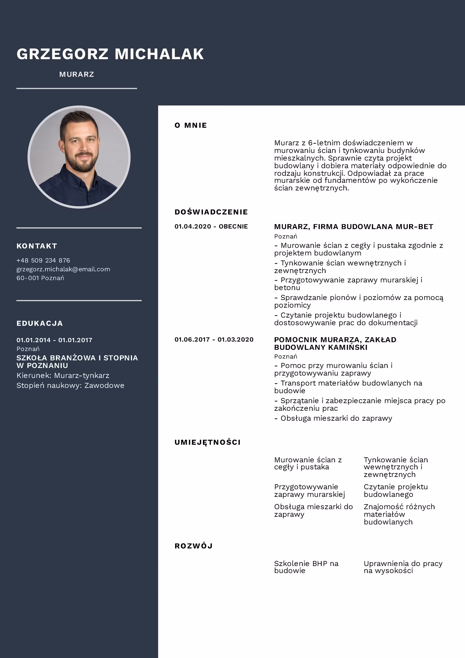 Wzór CV murarz – przykładowy szablon do pobrania