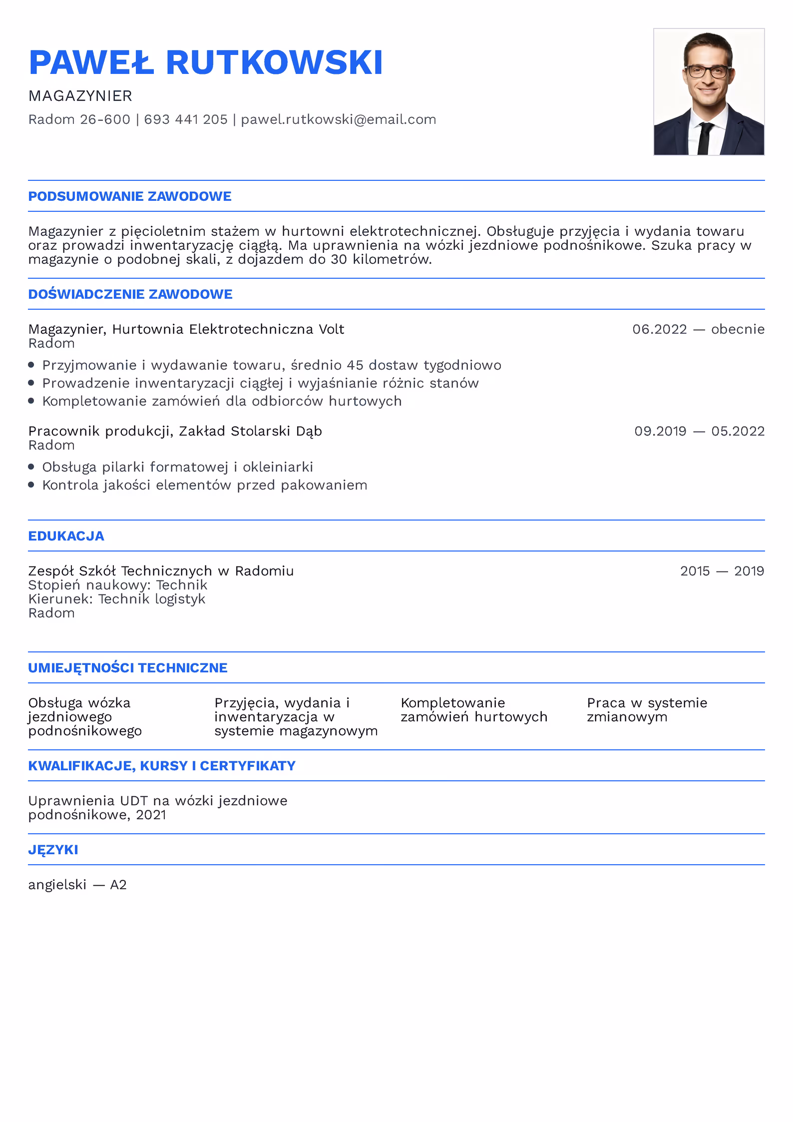 CV magazyniera z trwającym zatrudnieniem oznaczonym słowem obecnie