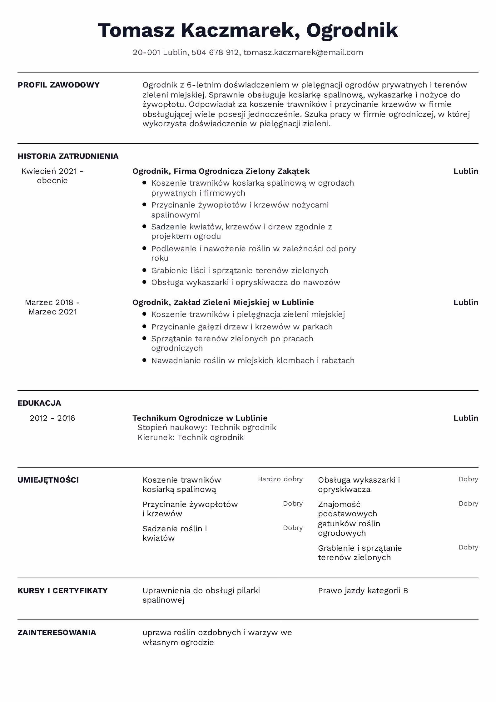 Wzór CV ogrodnik – przykładowy szablon do pobrania