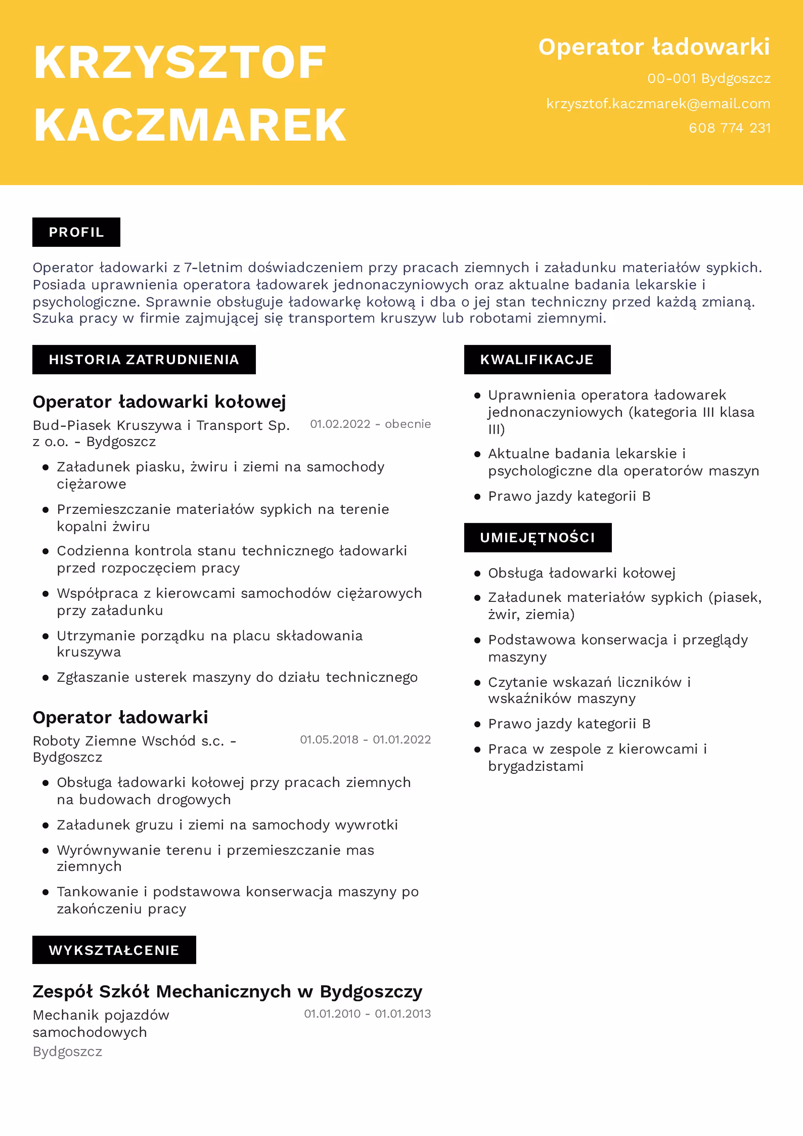 Wzór CV operatora ładowarki – przykładowy szablon do pobrania