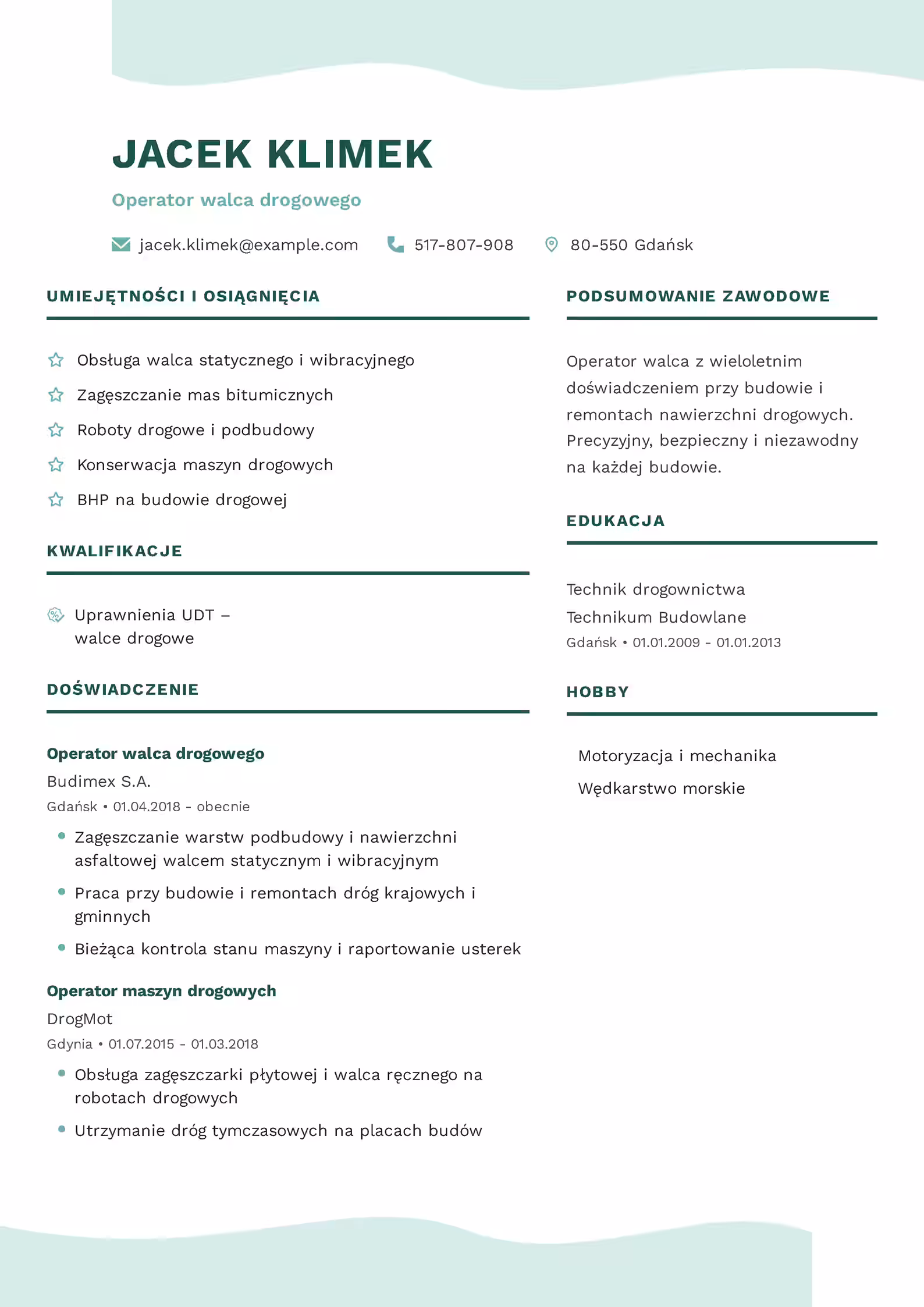 Wzór CV Operator Walca — poradnik i gotowy układ dokumentu