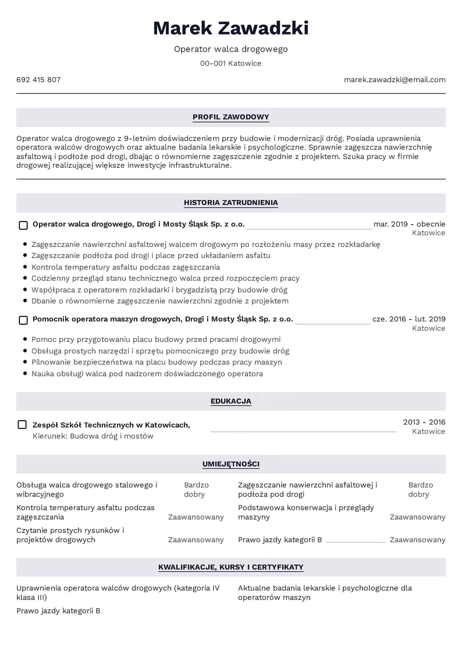 Wzór CV operatora walca — przykładowy szablon do pobrania
