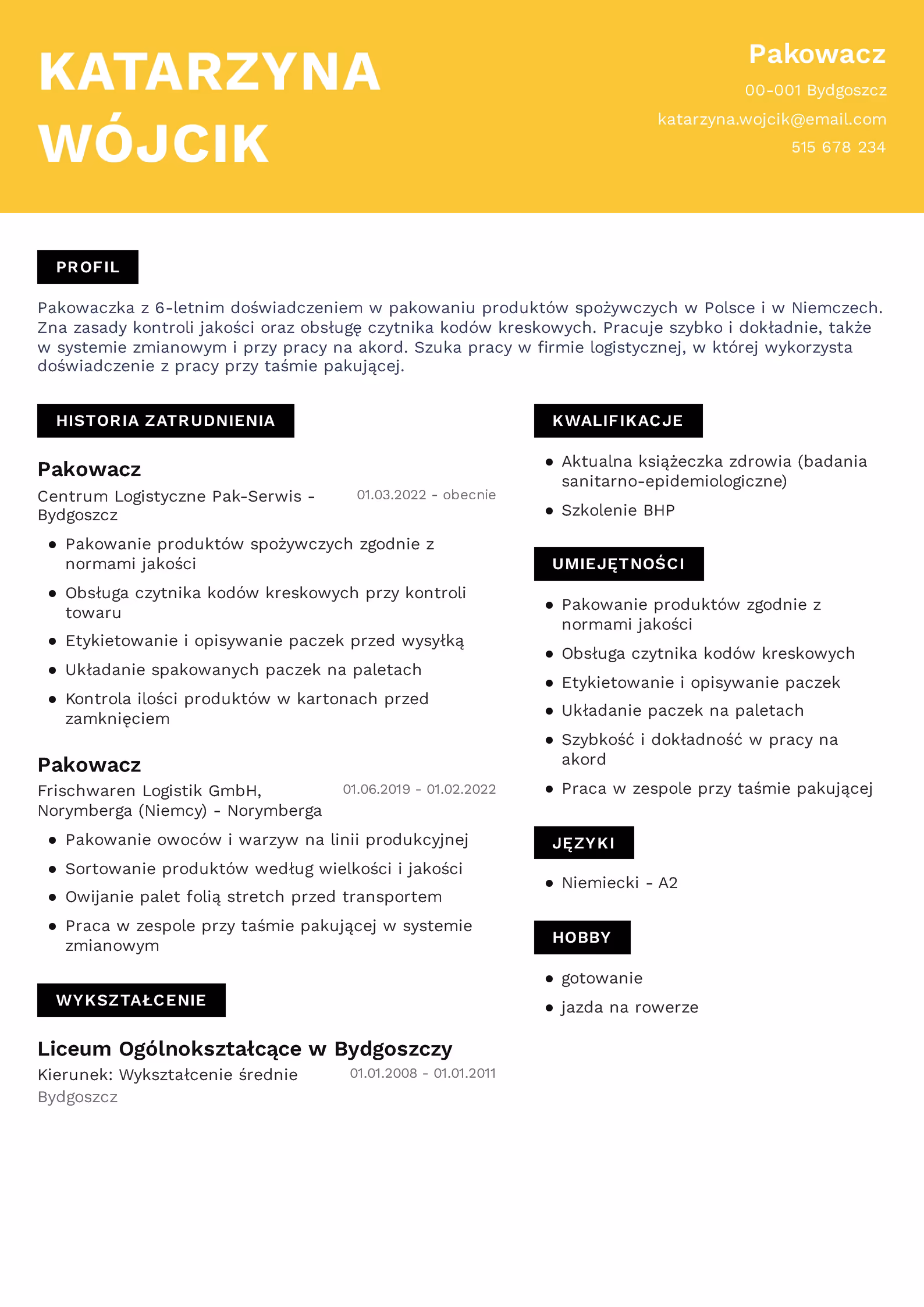 Wzór CV pakowacz – przykładowy szablon do pobrania