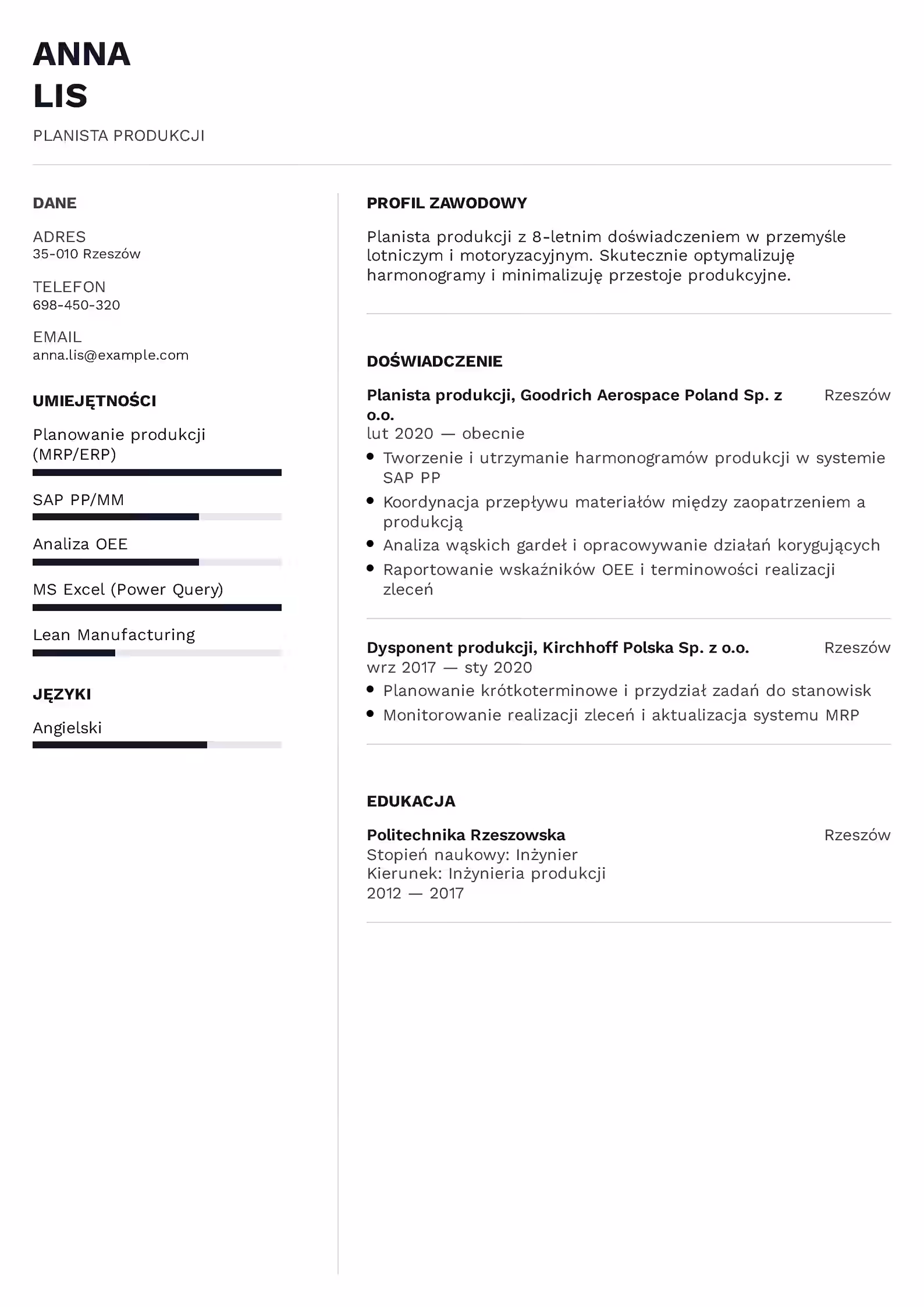 Wzór CV planisty produkcji z czytelnym układem sekcji