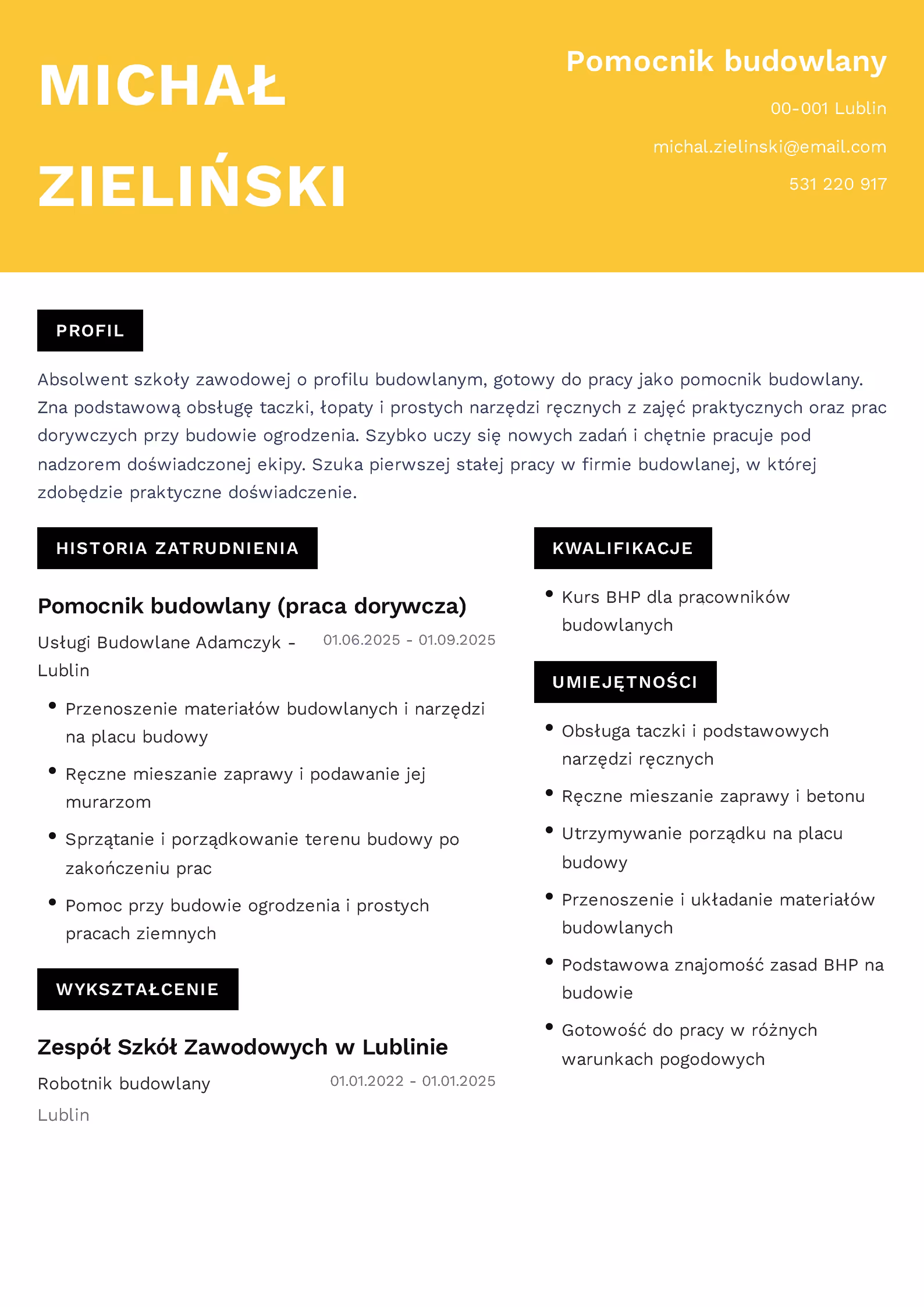 Wzór CV pomocnika budowlanego – przykładowy szablon do pobrania