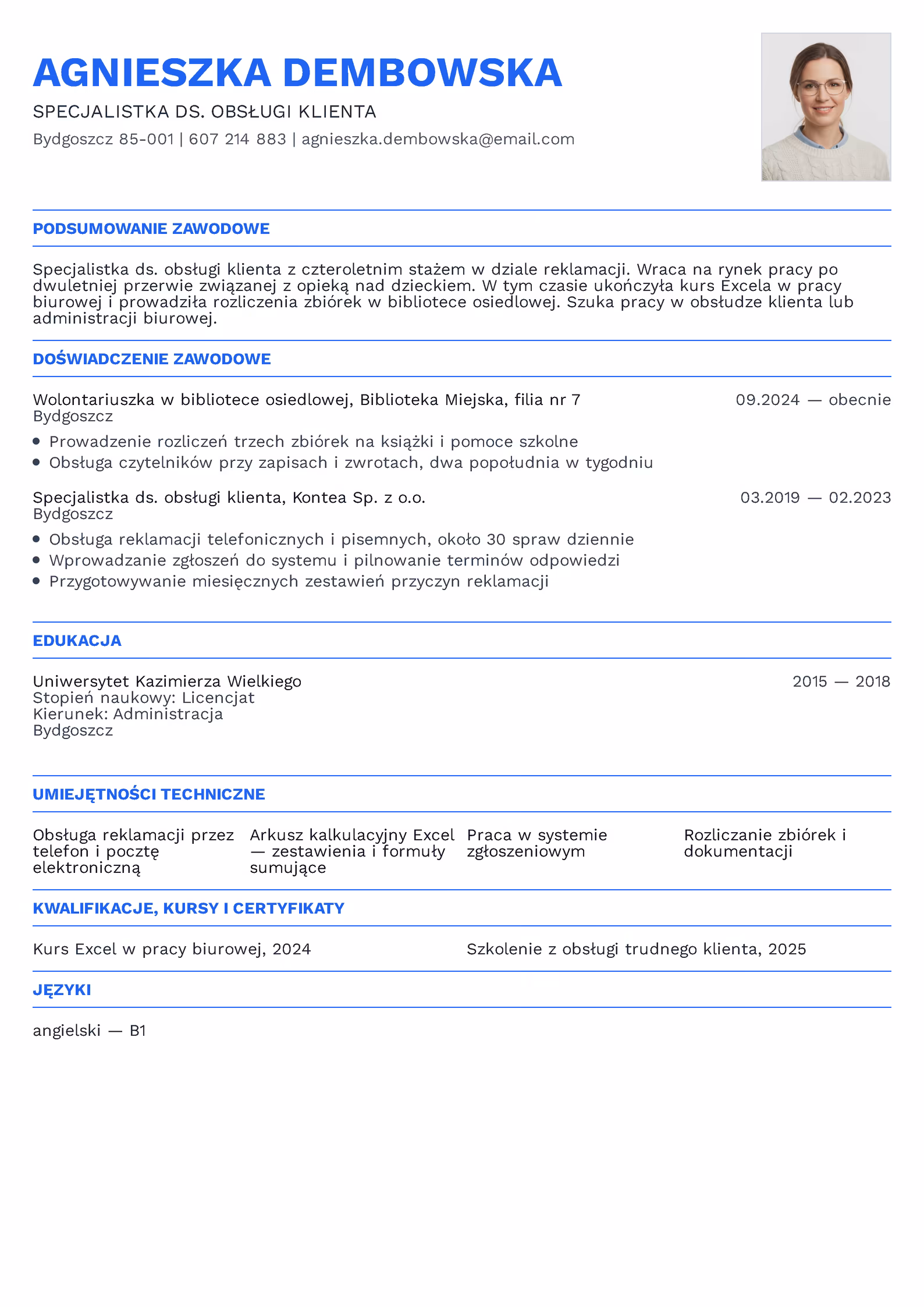 CV specjalistki ds. obsługi klienta wracającej po dwuletniej przerwie