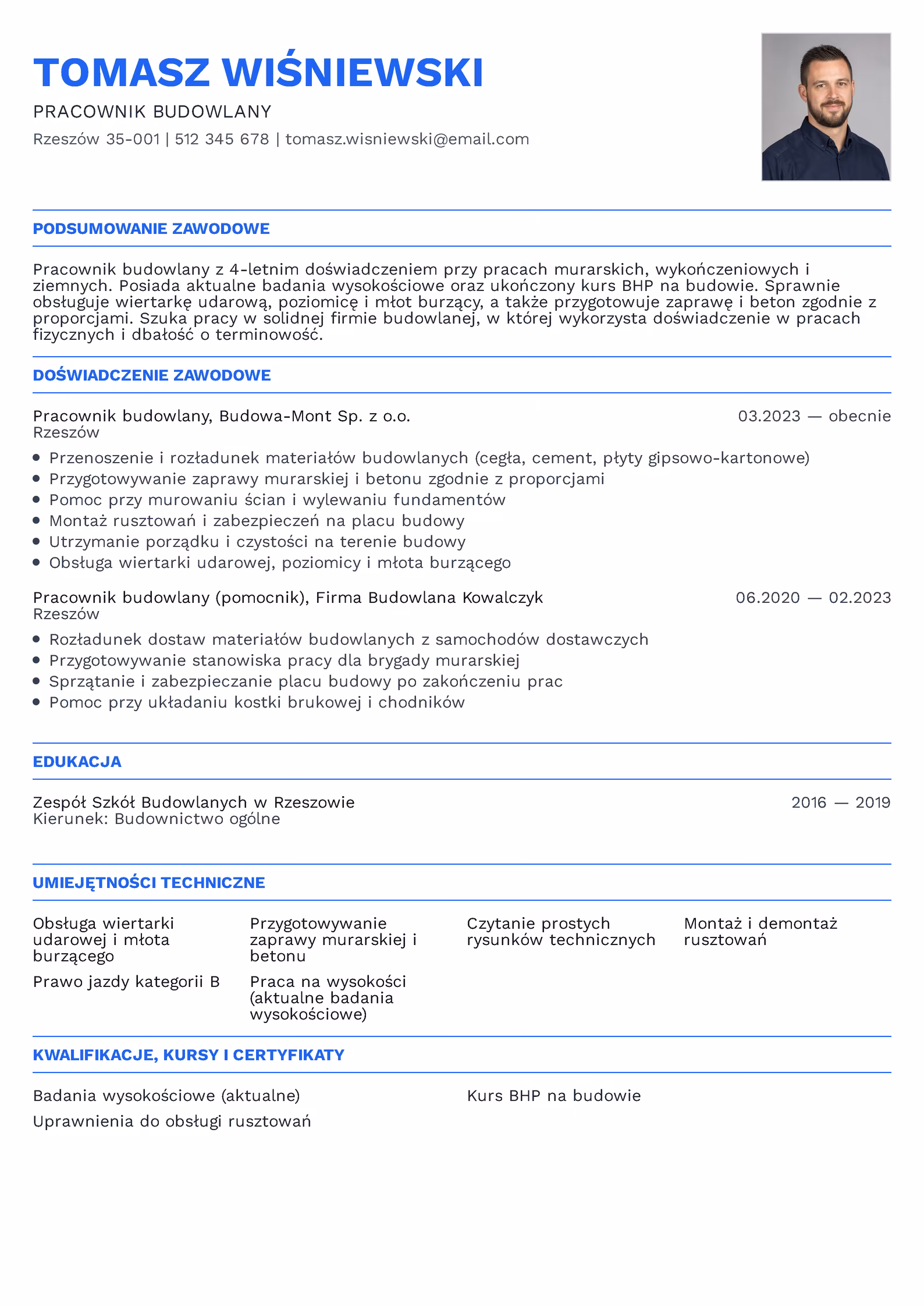 Wzór CV pracownika budowlanego — przykładowy szablon do pobrania