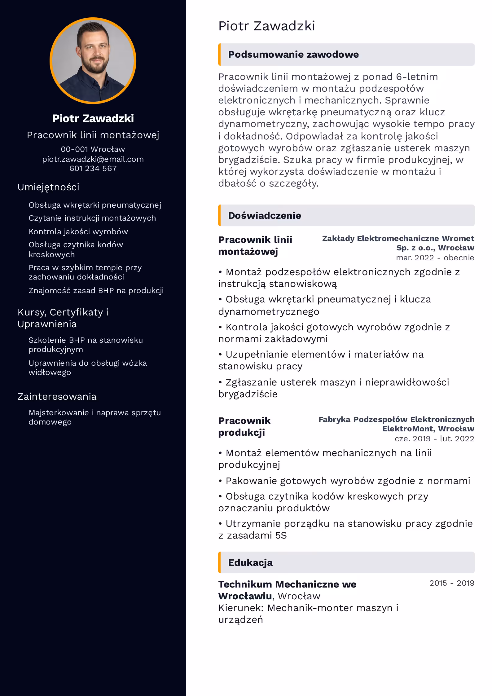 Wzór CV pracownika linii montażowej – przykładowy szablon do pobrania