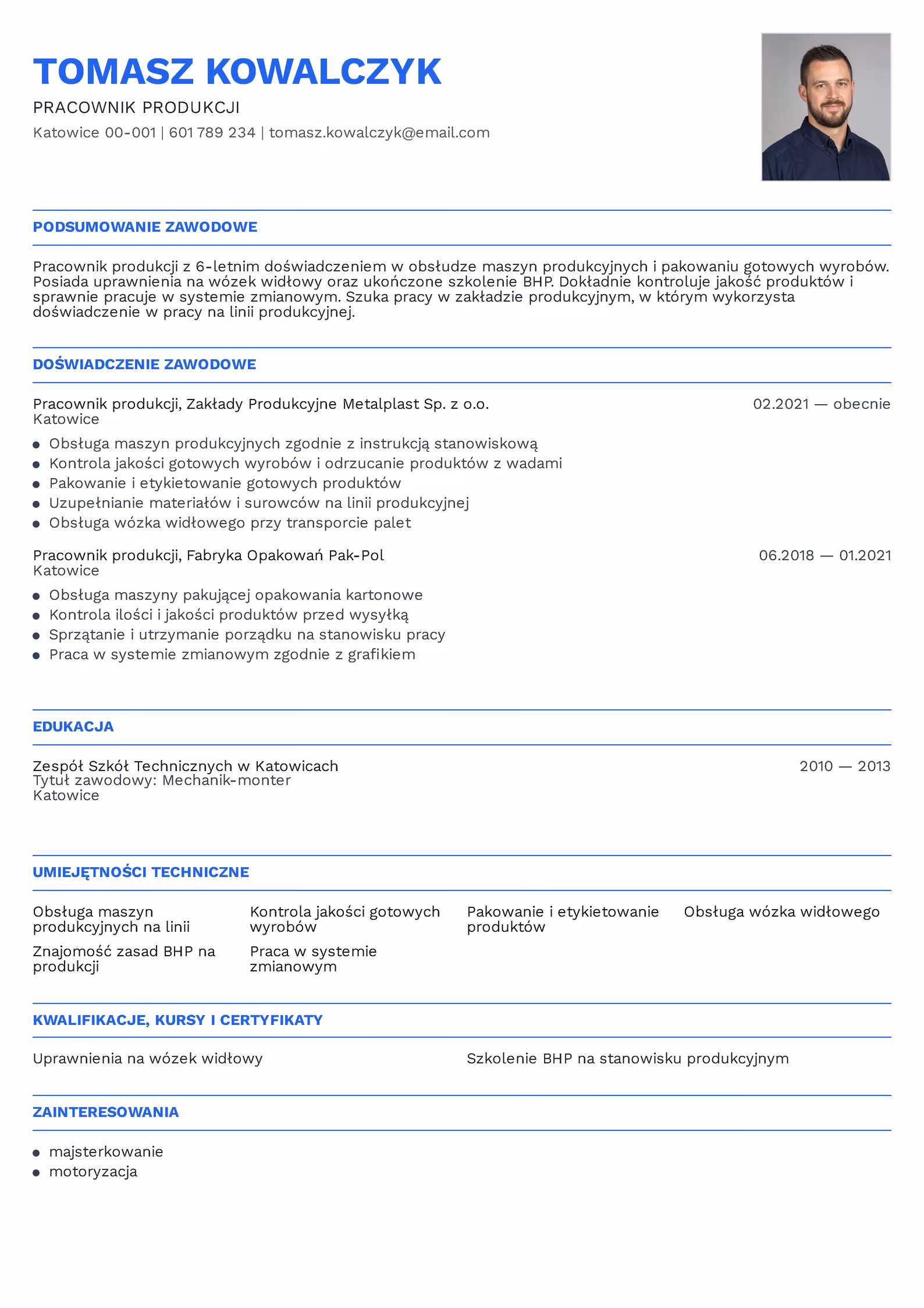 Wzór CV pracownik produkcji – przykładowy szablon do pobrania