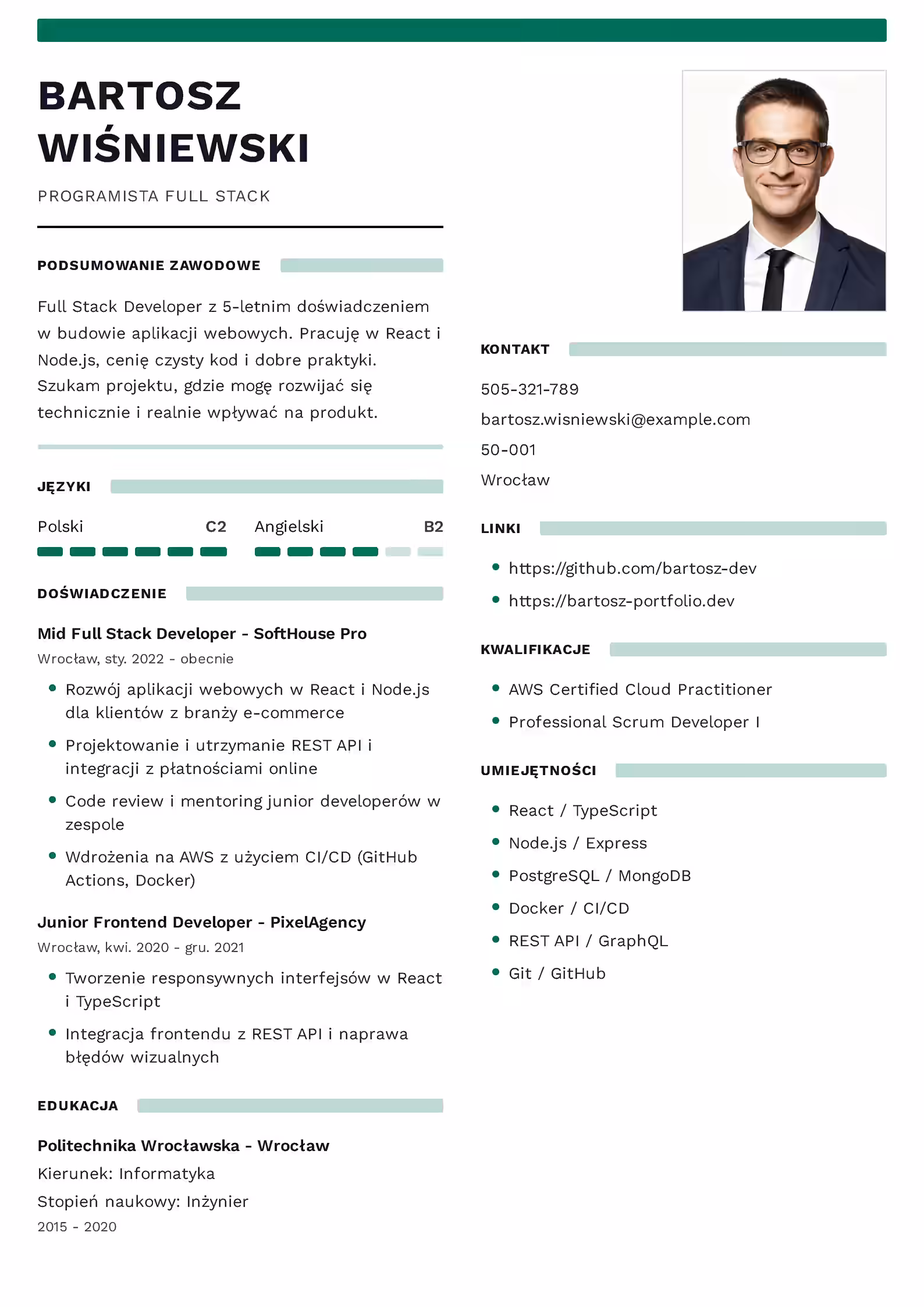 Programista - przykładowy wzór CV
