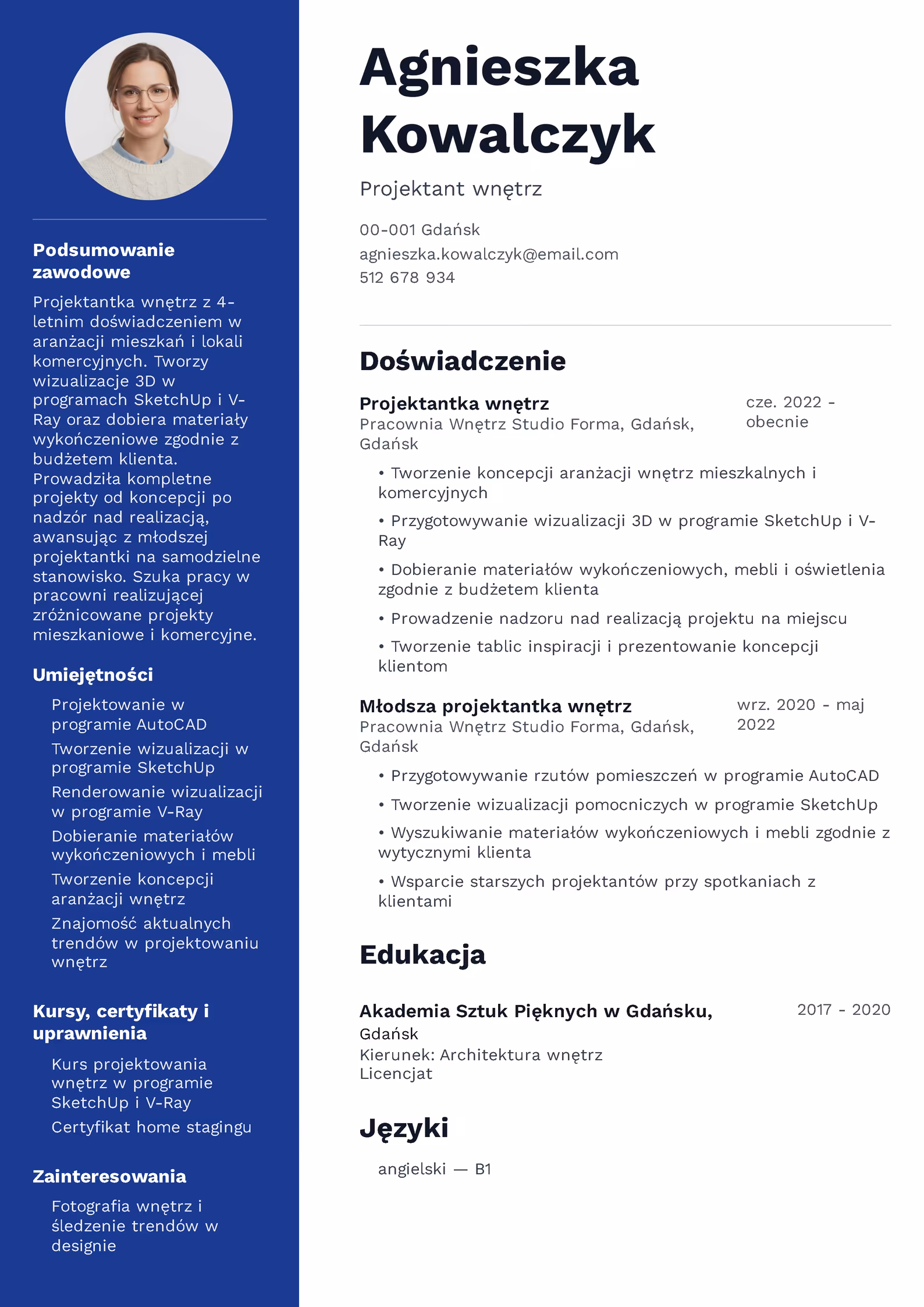 Wzór CV projektant wnętrz – przykładowy szablon do pobrania
