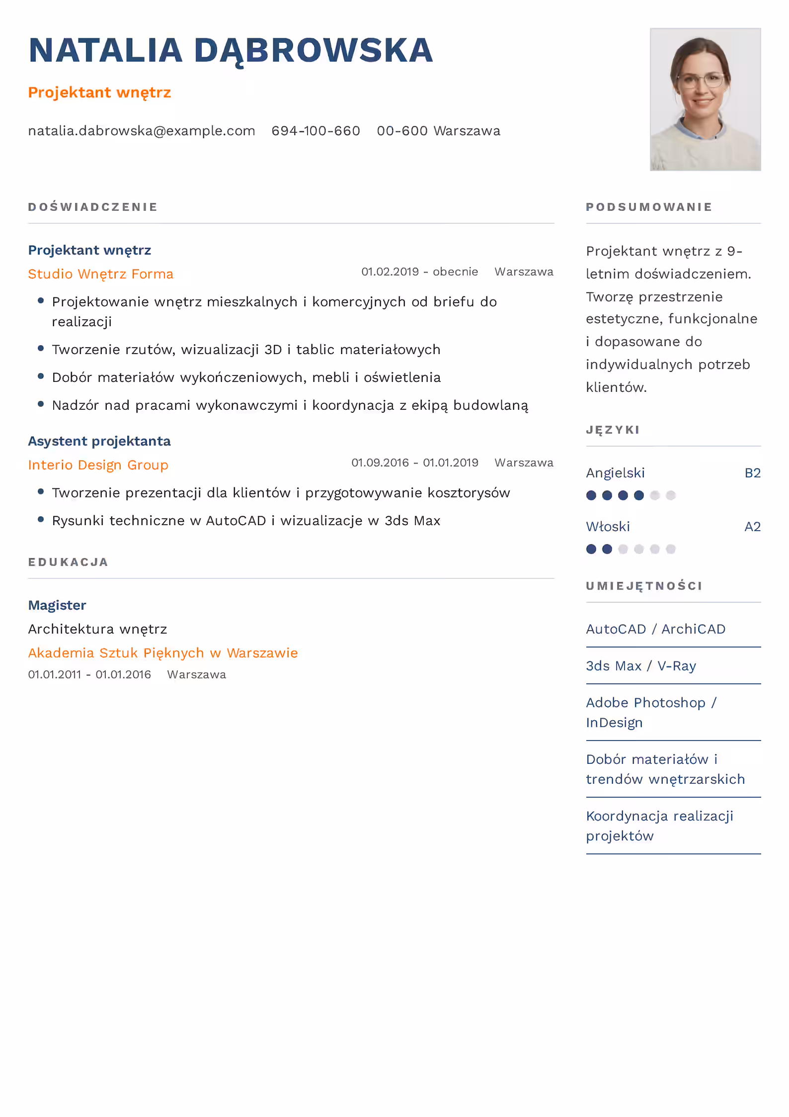 Wzór CV projektant wnętrz z przykładowym układem sekcji
