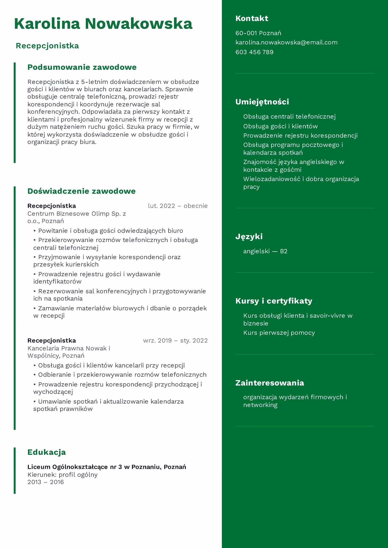 Wzór CV recepcjonistka – przykładowy szablon do pobrania