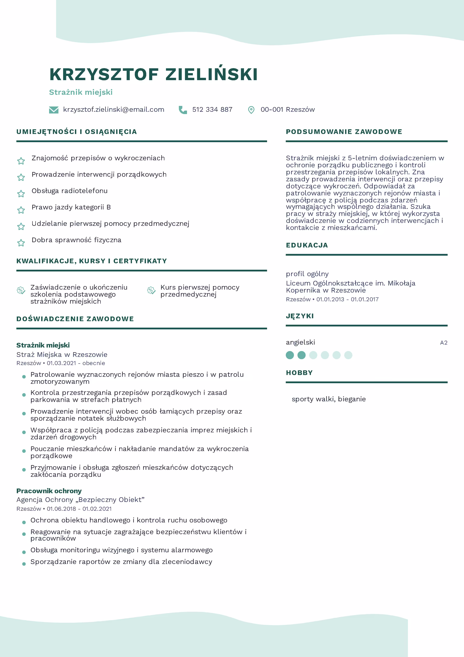 Wzór CV strażnika miejskiego – przykładowy szablon do pobrania