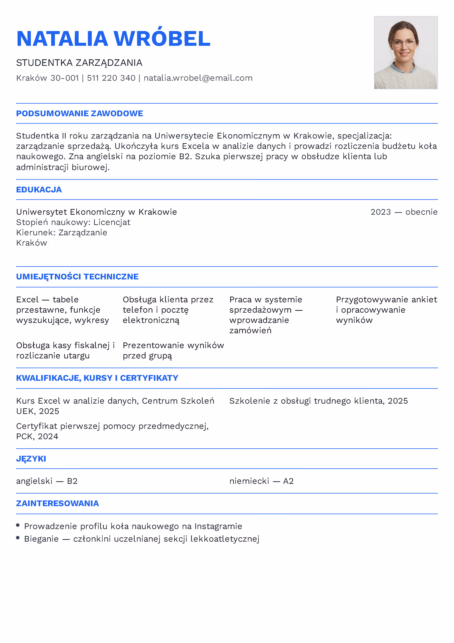 Wzór CV studenta bez doświadczenia — bez sekcji doświadczenia zawodowego