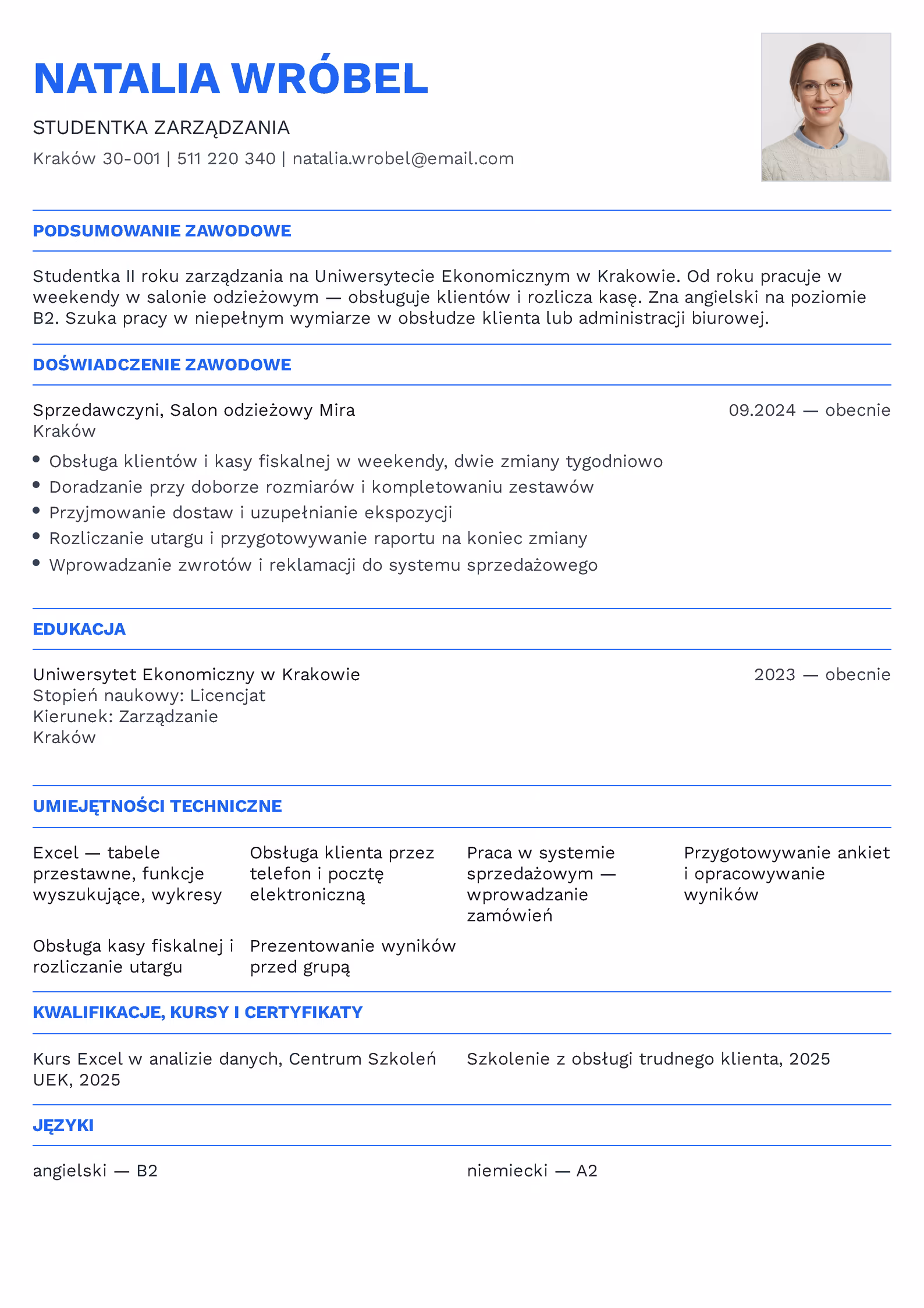 CV studenta z pracą dorywczą w handlu — pełny dokument na stronie A4