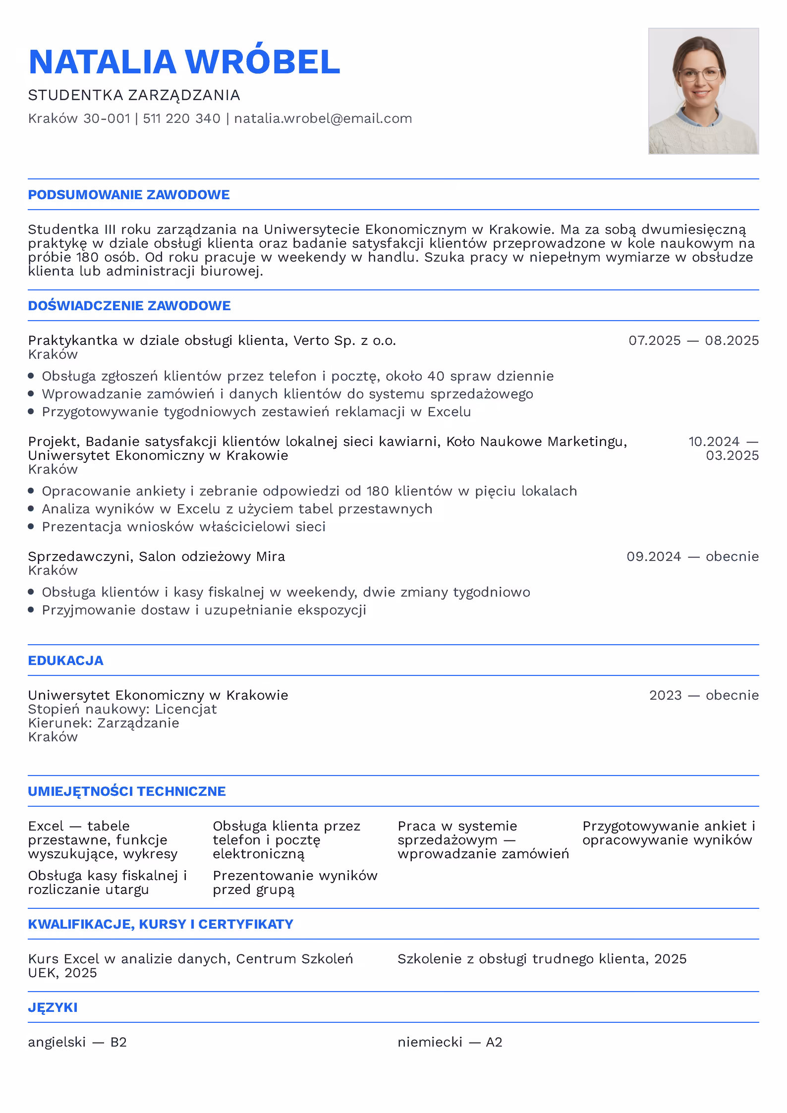 Wzór CV studenta z praktyką, projektem i pracą dorywczą — trzy wpisy w doświadczeniu zawodowym