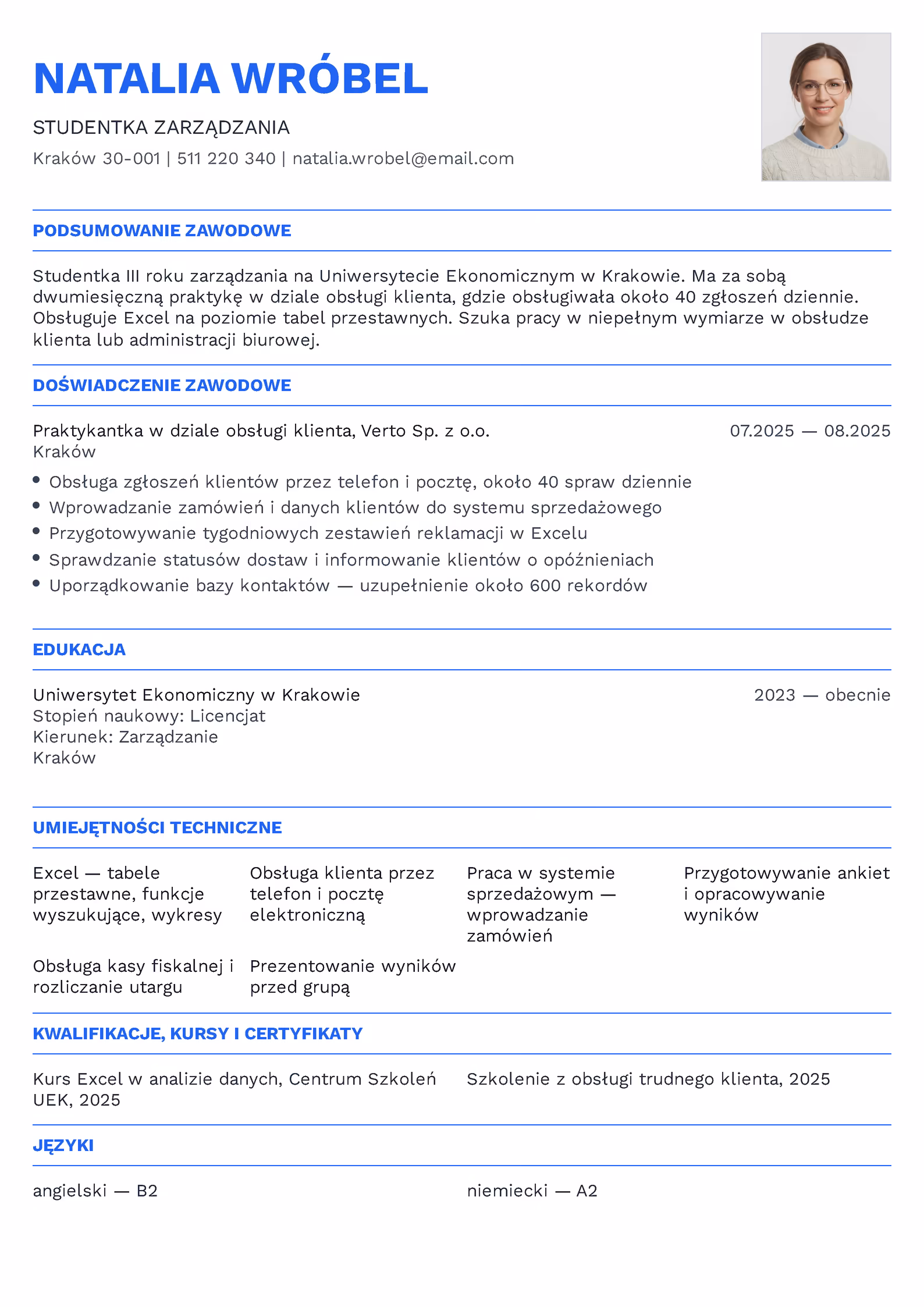 Wzór CV studenta z praktyką studencką — jeden wpis w doświadczeniu zawodowym