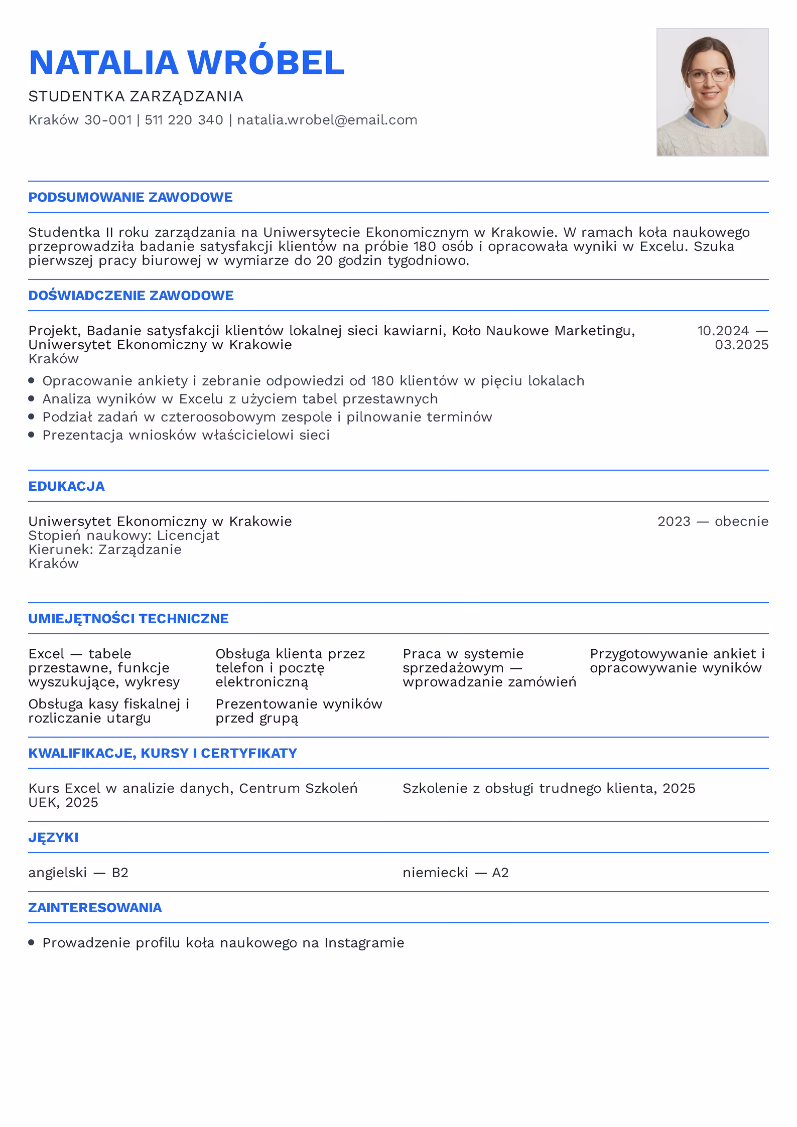 Wzór CV studenta z projektem z koła naukowego — wpis typu Projekt w doświadczeniu zawodowym