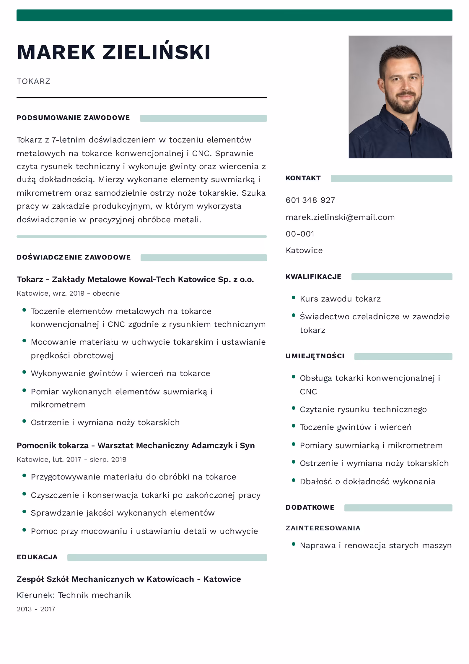 Wzór CV tokarz – przykładowy szablon do pobrania