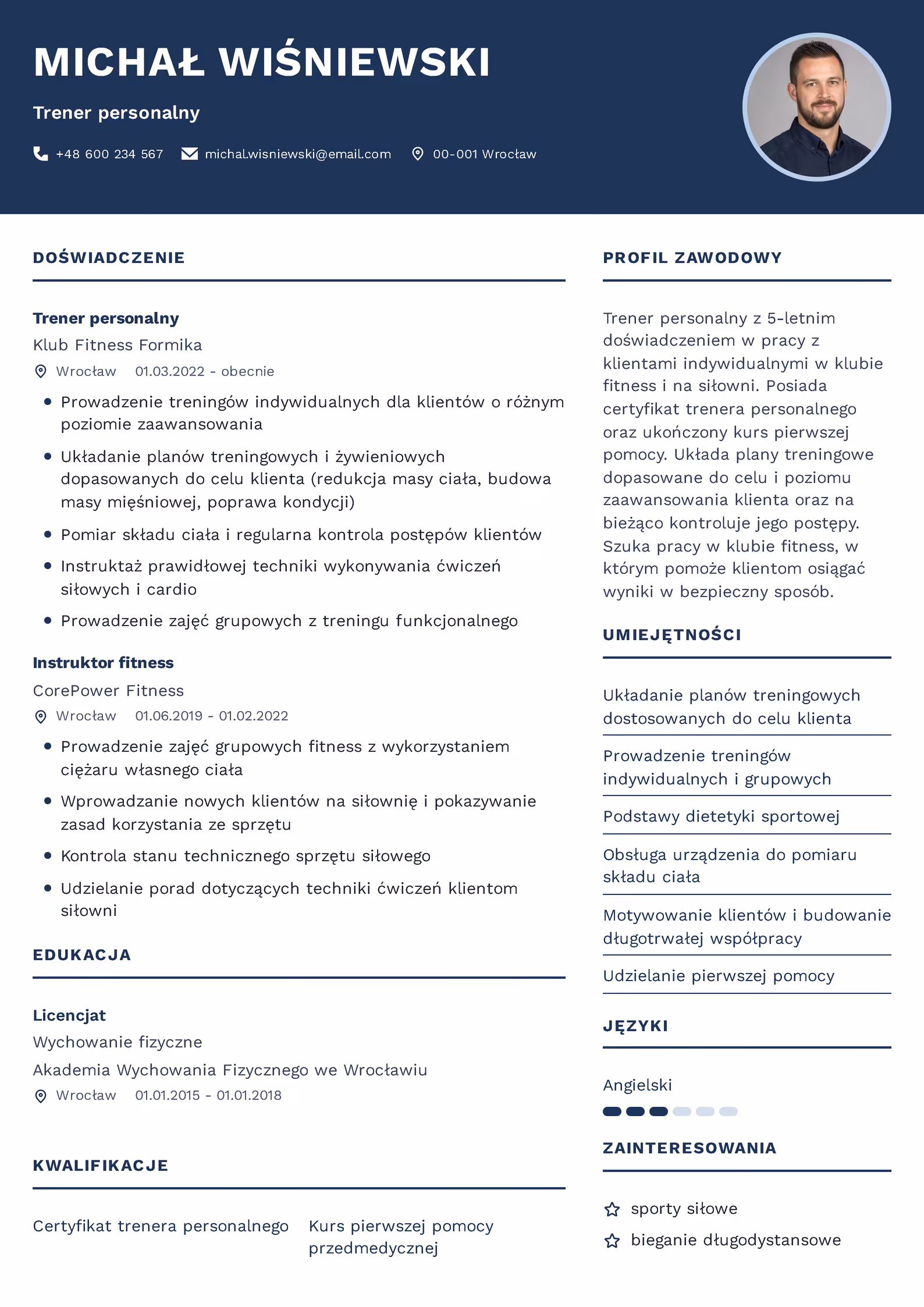 Wzór CV trener personalny – przykładowy szablon do pobrania