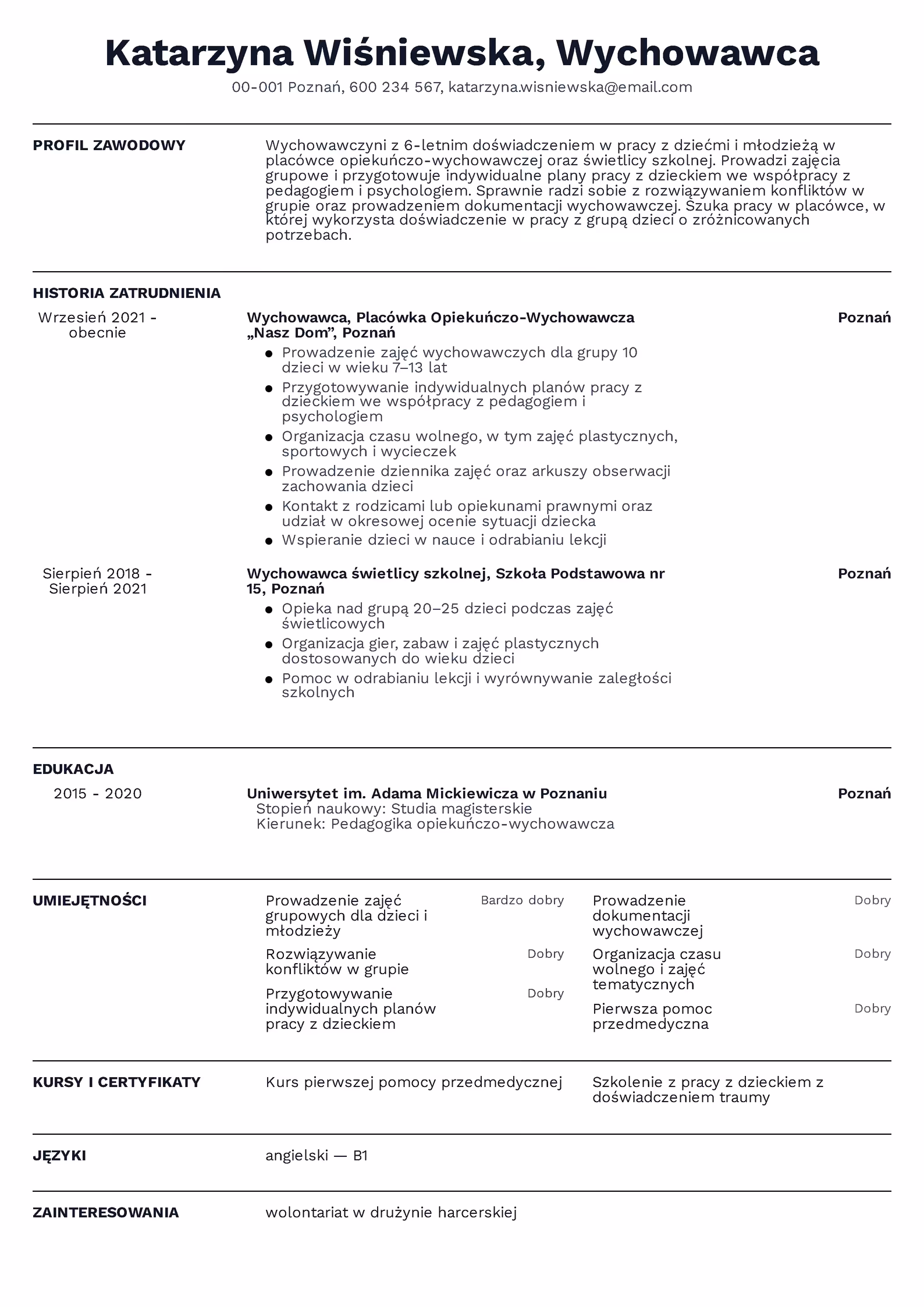 Wzór CV wychowawcy – przykładowy szablon do pobrania