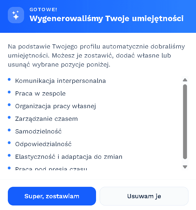 Generator CV proponuje umiejętności dopasowane do oferty pracy