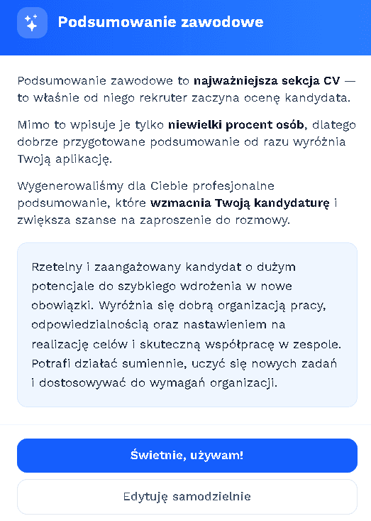 Generator CV automatycznie tworzy podsumowanie zawodowe — podgląd funkcji